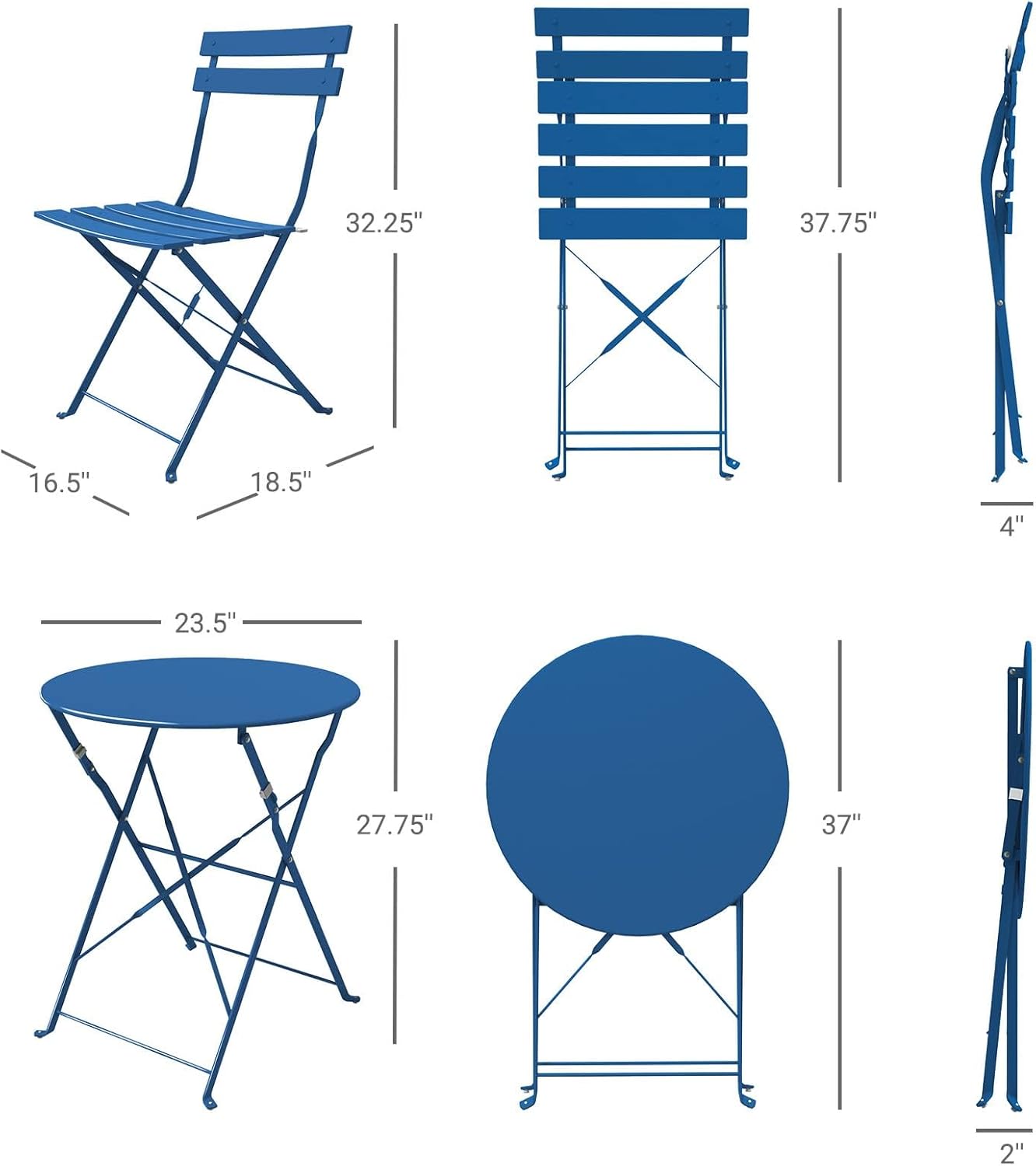 3-Piece Folding Bistro Set, 2 Chairs and 1 Table, Weather-Resistant Outdoor Indoor Conversation Set for Patio, Yard, Blue