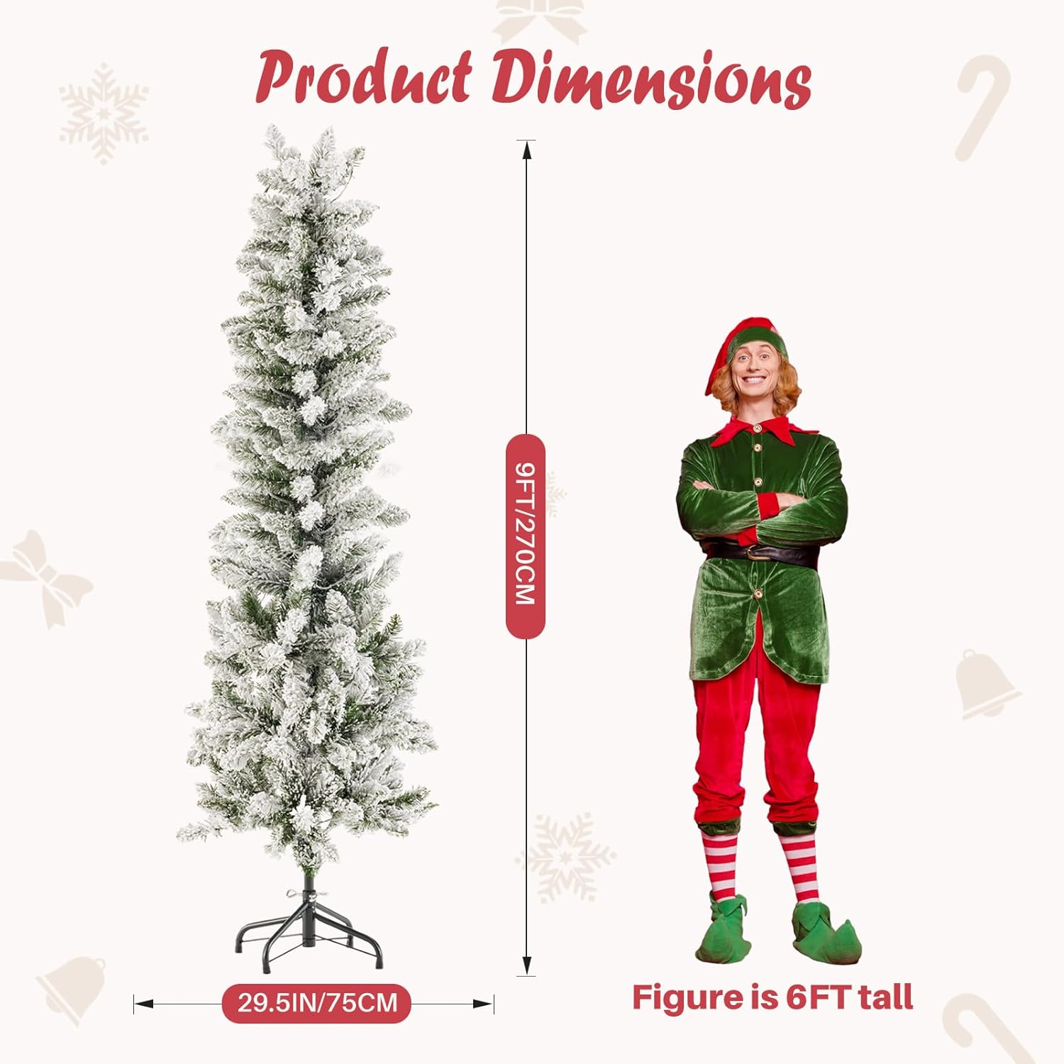LIFERECORD 9ft Prelit Artificial Hinged Slim Pencil Christmas Tree with 500 Lights, 1100 Full Branch Tips, 8 Warm Lingting Motes Perfect Decoration for Xmas Holiday, White
