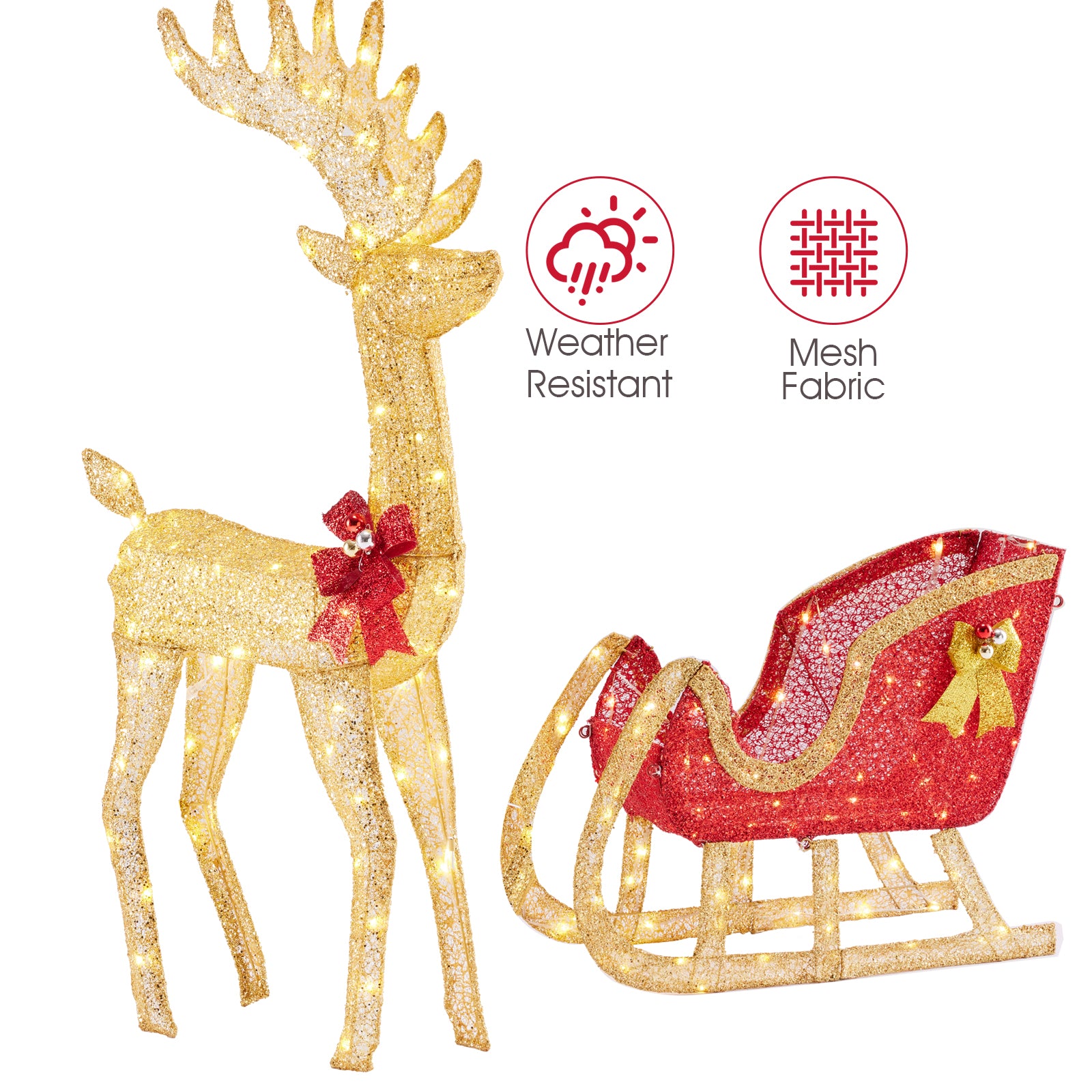 LIFERECORD 4 FT Christmas Lighted Reindeer & Santa's Sleigh, Indoor/Outdoor Xmas Pre-Lit Yard Decoration with 180 LED Lights, Stakes & Zip Ties, Festive Holiday Decoration for Lawn & Garden, Gold