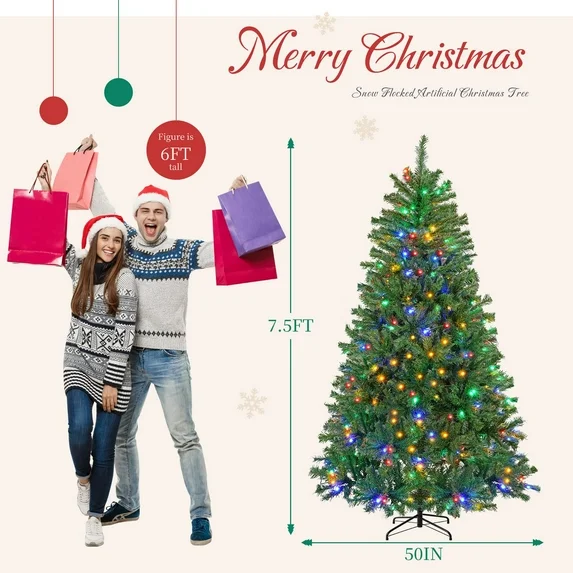 LIFERECORD 7.5ft Pre-lit Artificial Christmas Tree with 450 Color Changing LED Lights, 8 Modes Full Green PVC Xmas Tree with 1000 Branch Tips & Metal Stand for Party Decoration