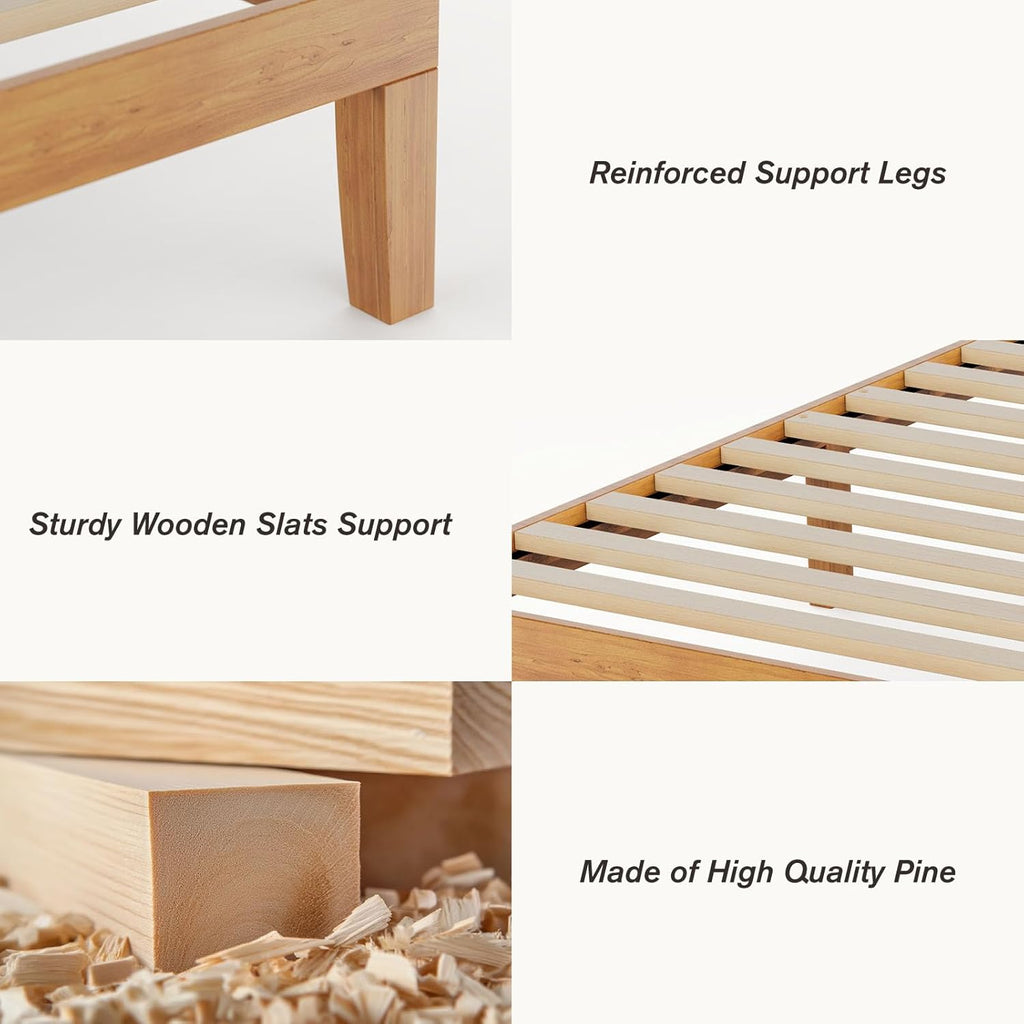 ACCVER Solid Wood Queen Size Bed Frame - 12in Natural Pine Platform Base with Wood Slats, Noise-Free & No Box Spring Needed, Natural Finish, Easy Assembly