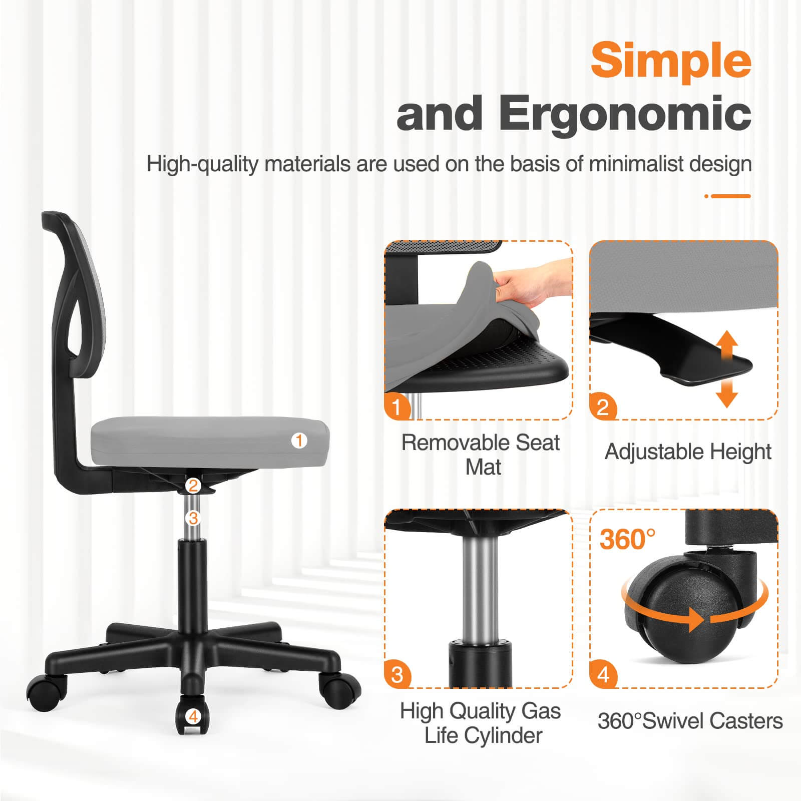LIFERECORD Ergonomic Armless Office Chair, Swivel Rolling Mesh Desk Chair with Lumbar Support, Adjustable Height Low-Back Computer Chair for Small Spaces, Home, Bedroom, Office