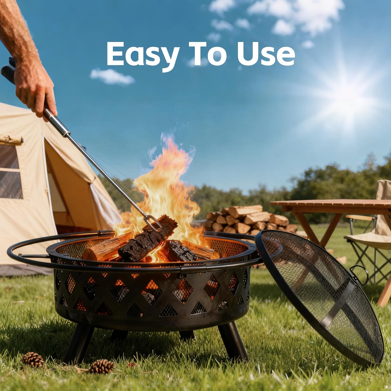LIFERECORD Circular Steel Fire Pit with Spark Screen - Wood Burning Outdoor Fire Pit with Decorative Cut-Out Design for Patio & Backyard, 36 Inch