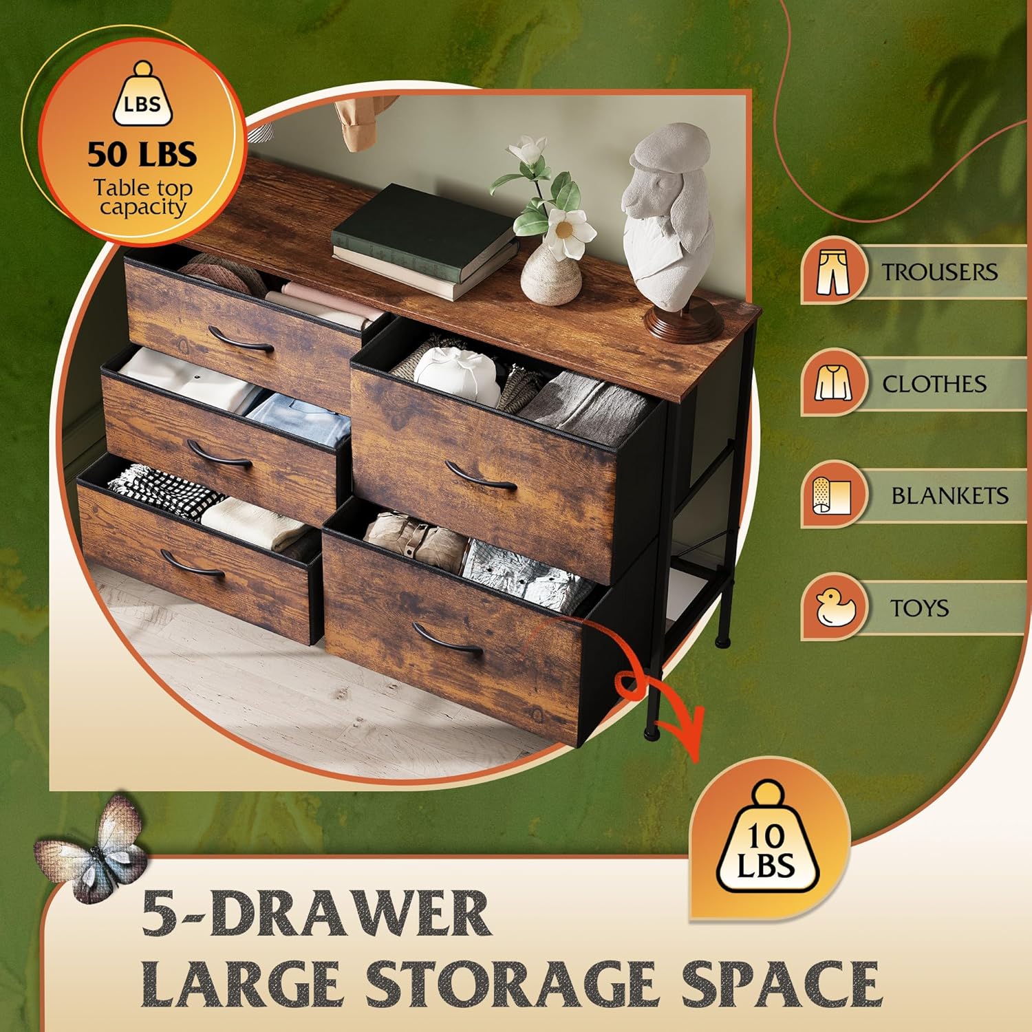 LIFERECORD 5 Drawer Fabric Dresser for Bedroom and Living Room, Chest of Drawer Organizer Storage Cabinet for Closet, Entryway, Brown