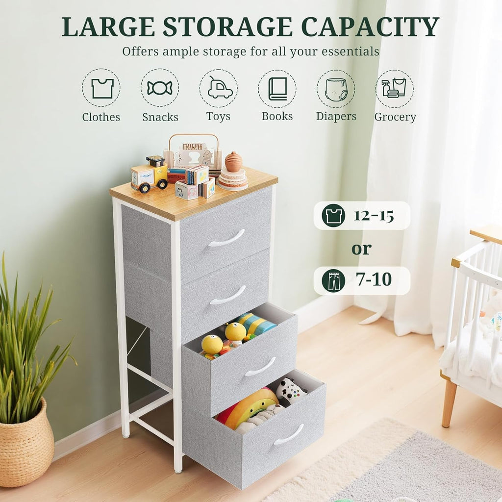 ACCVER Dresser for Bedroom 4 Storage drawer, Fabric Closet Chests Organizer Tower with Wooden Top Metal Frame for Living Room Hallway Entryway, Light Gray
