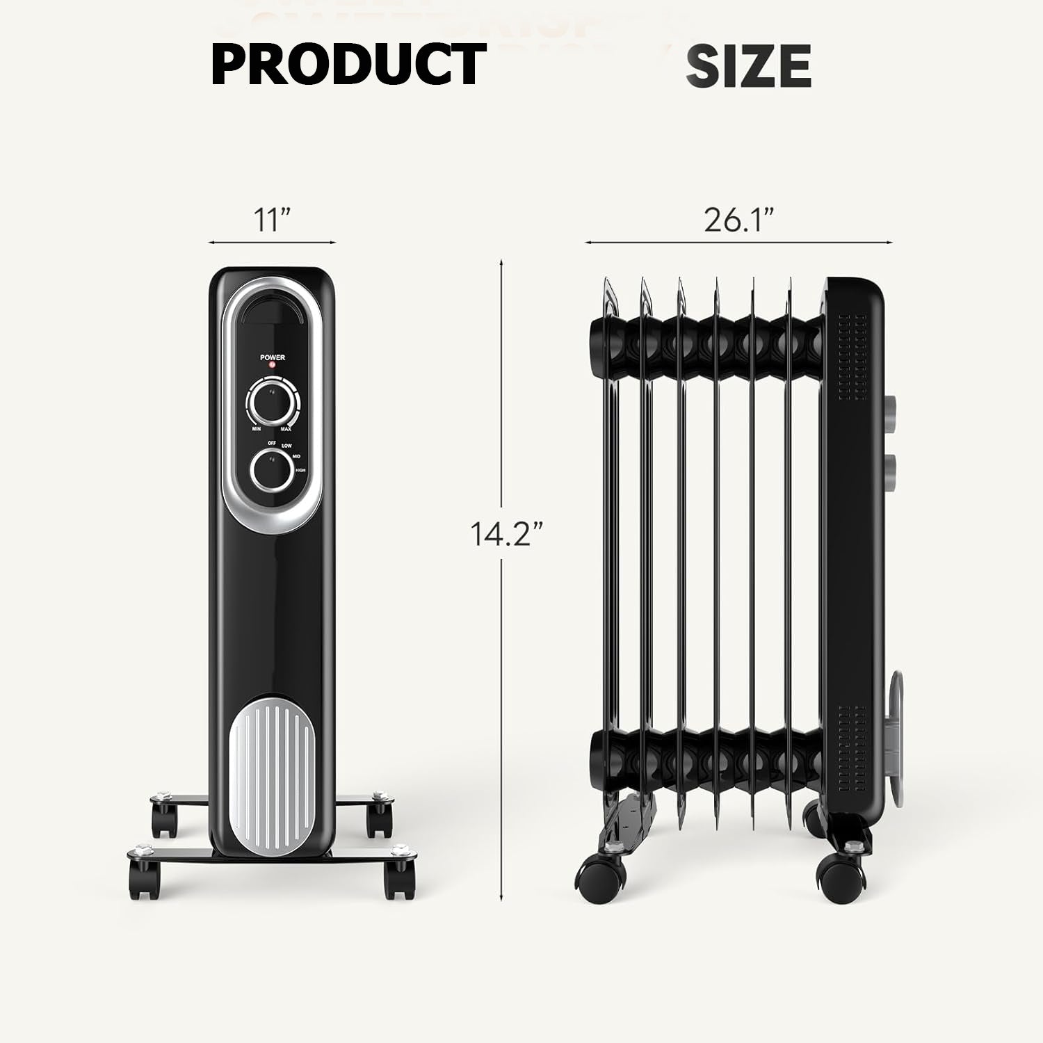LIFERECORD Oil Filled Radiator, Electric Radiant Heaters for indoor use, Safe Lock, , Overheat & Tip-Over Protection, Adjustable Thermostat, Quiet, 1500W, 26" Black