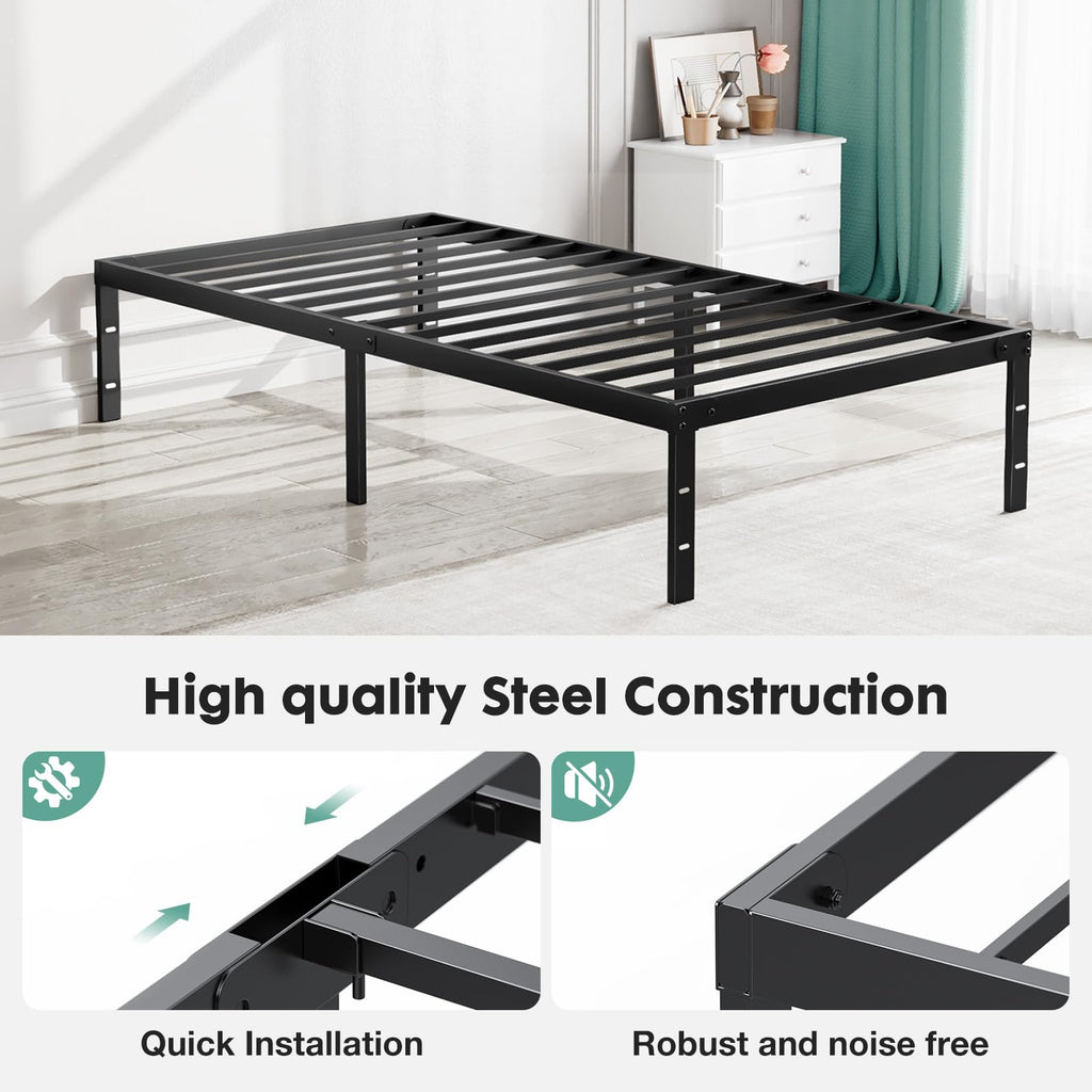 ACCVER Twin Size Bed Frame - 14in Heavy-Duty Steel Platform, Ample Under-Bed Storage Space, No Box Spring Needed, Sturdy Metal Slat Support