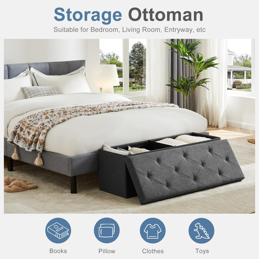 ACCVER 43 Inches Foldable Storage Ottoman Bench - 660lbs Large Padded Seat Foot Rest w/ 154L Storage Chest, for Bedroom, Living Room & Entryway, Linen Grey