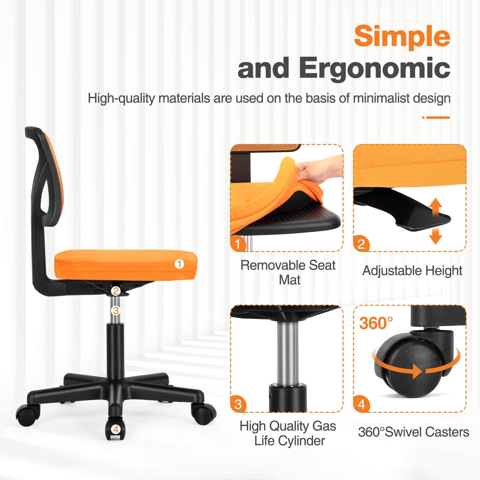 LIFERECORD Ergonomic Armless Office Chair, Swivel Rolling Mesh Desk Chair with Lumbar Support, Adjustable Height Low-Back Computer Chair for Small Spaces, Home, Bedroom, Office