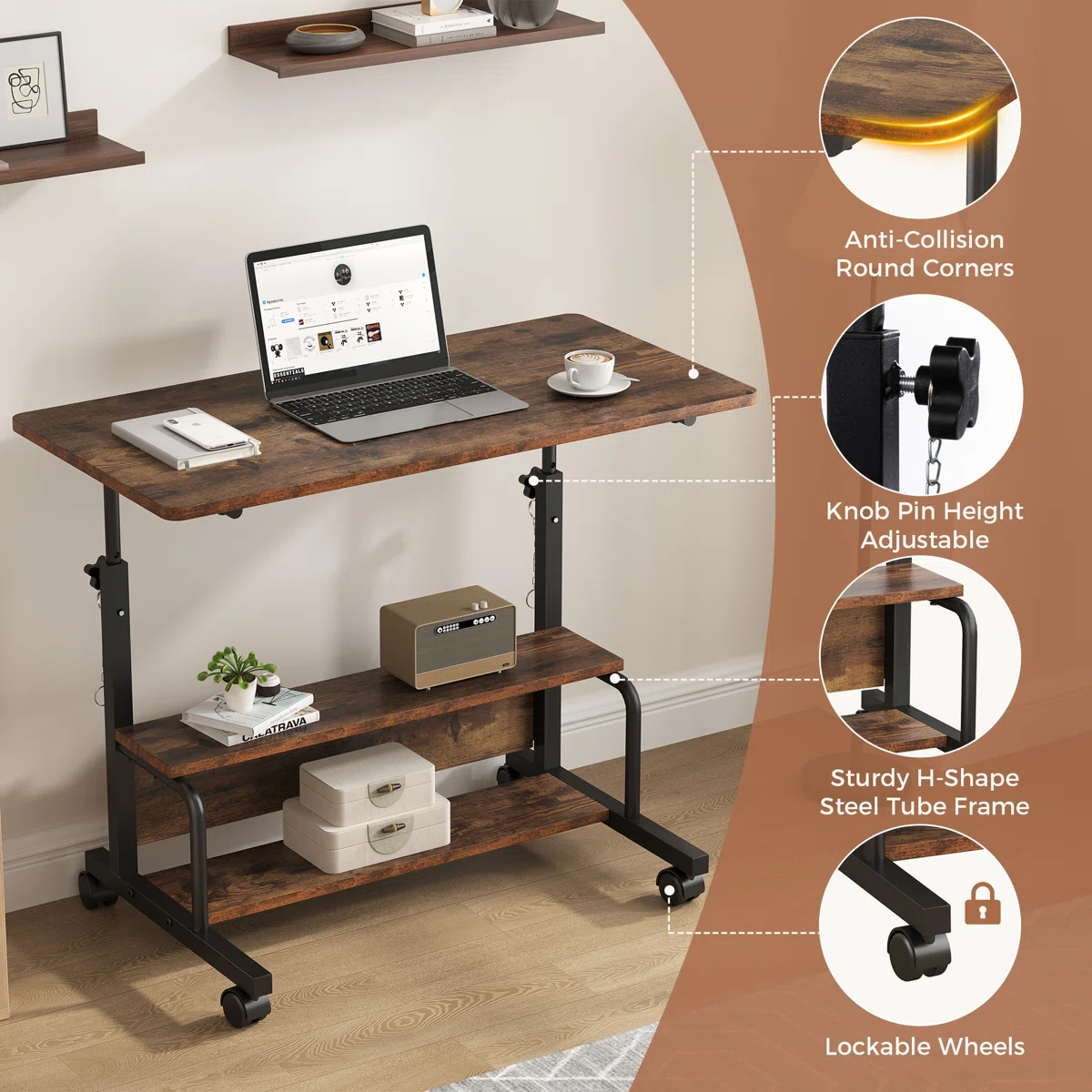 LIFERECORD Adjustable Height Standing Desk 31.5", Portable Rolling Desk on Wheels, Mobile Computer Desk with Lockable Wheels & 2-Tier Storage for Small Spaces Home Office