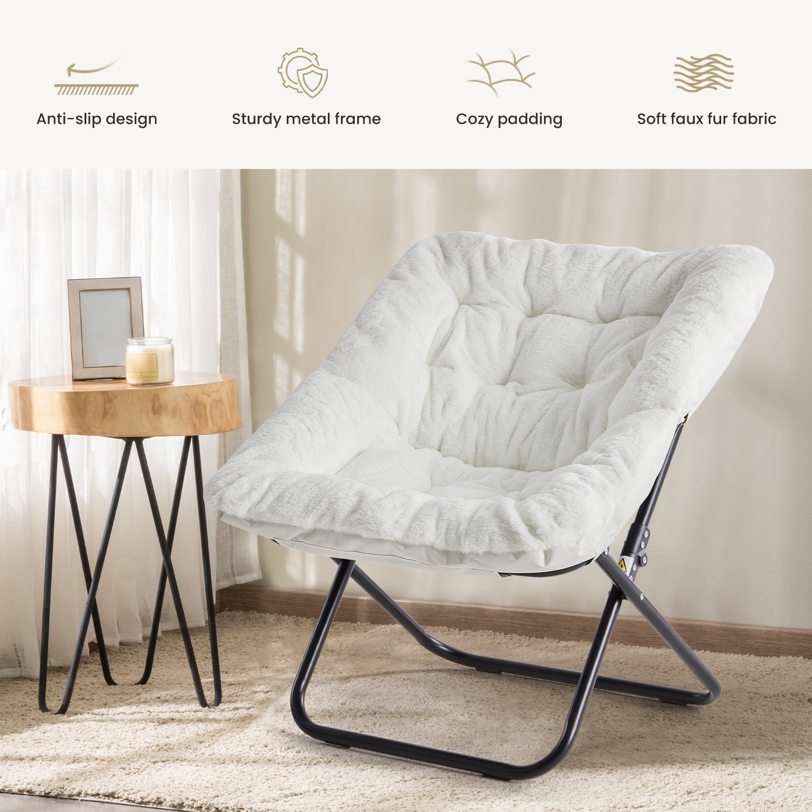 LIFERECORD Oversized Faux Fur Folding Chair - Plush Lounge Chair for Adults, Large Foldable Reading Chair for Bedroom, Dorm & Living Room, White