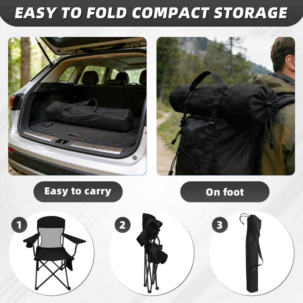 LIFERECORD Portable Camping Chair with Cup Holder & Side Pocket, Lightweight Folding Outdoor Chair for Beach, Fishing, Picnic, Heavy Duty 300LBS Capacity, Black