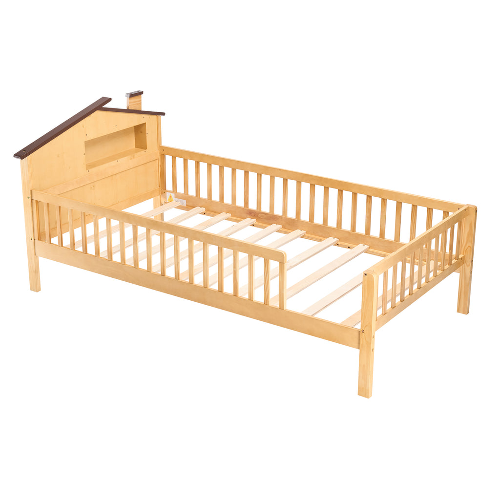 LIFERECORD Twin Size Bed Frame with Storage - Solid Wood House Frame, Safety Guardrails & Built-In Shelf for Bedroom Organization