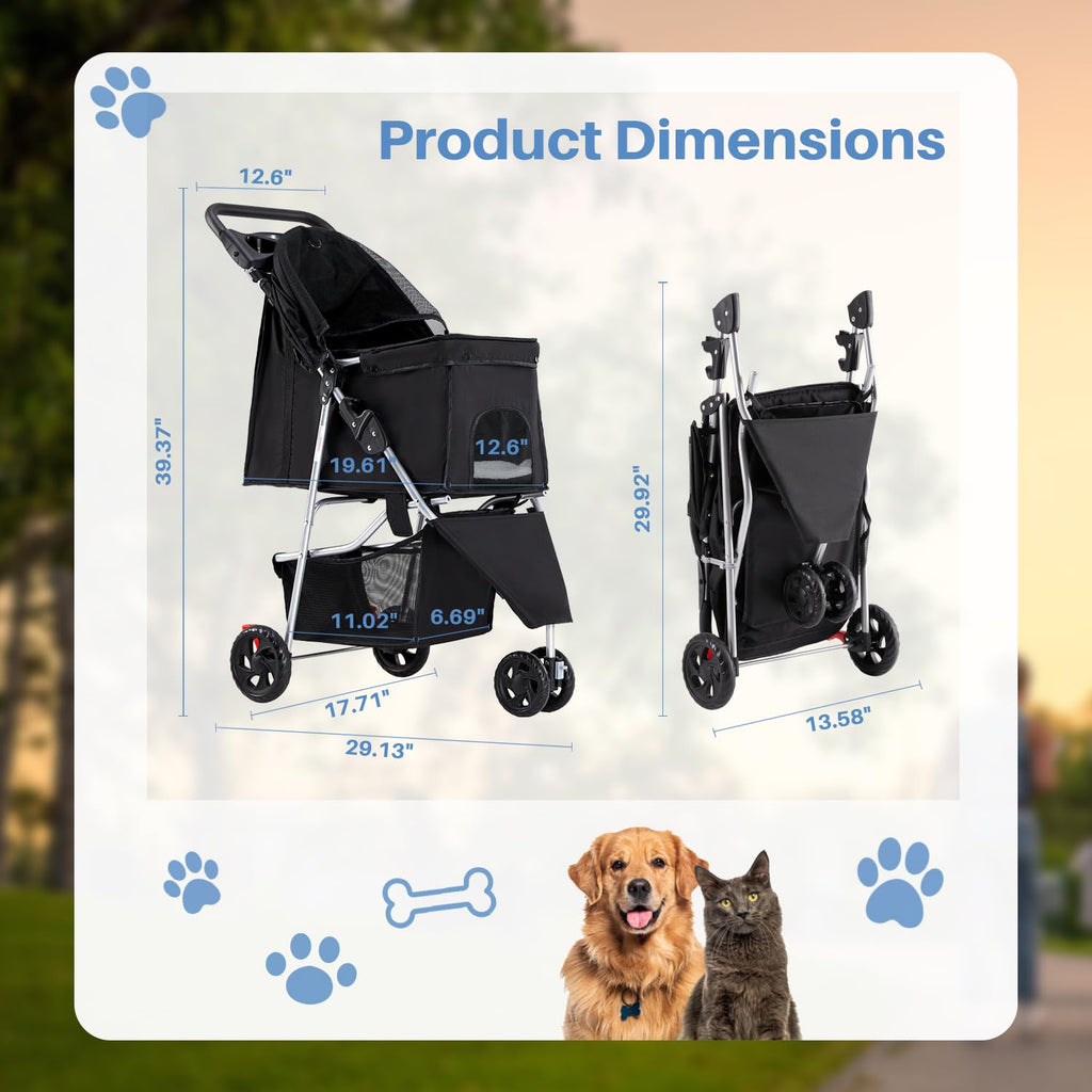 LIFERECORD Foldable Dog Stroller for Small/Medium Dogs, Lightweight & Durable Pet Stroller with Storage Basket, Cup Holders for Travel & Outdoor Use