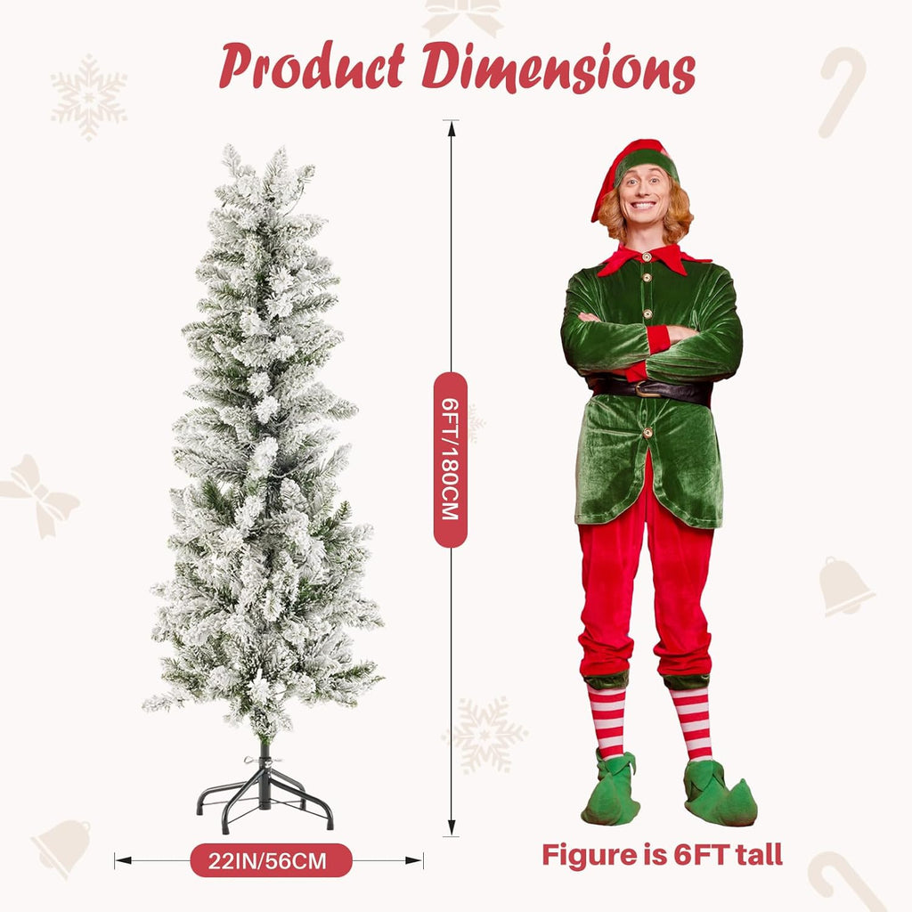 LIFERECORD 6ft Prelit Artificial Hinged Slim Pencil Christmas Tree with 250 Lights, 571 Full Branch Tips, 8 Warm Lingting Motes Perfect Decoration for Xmas Holiday, White