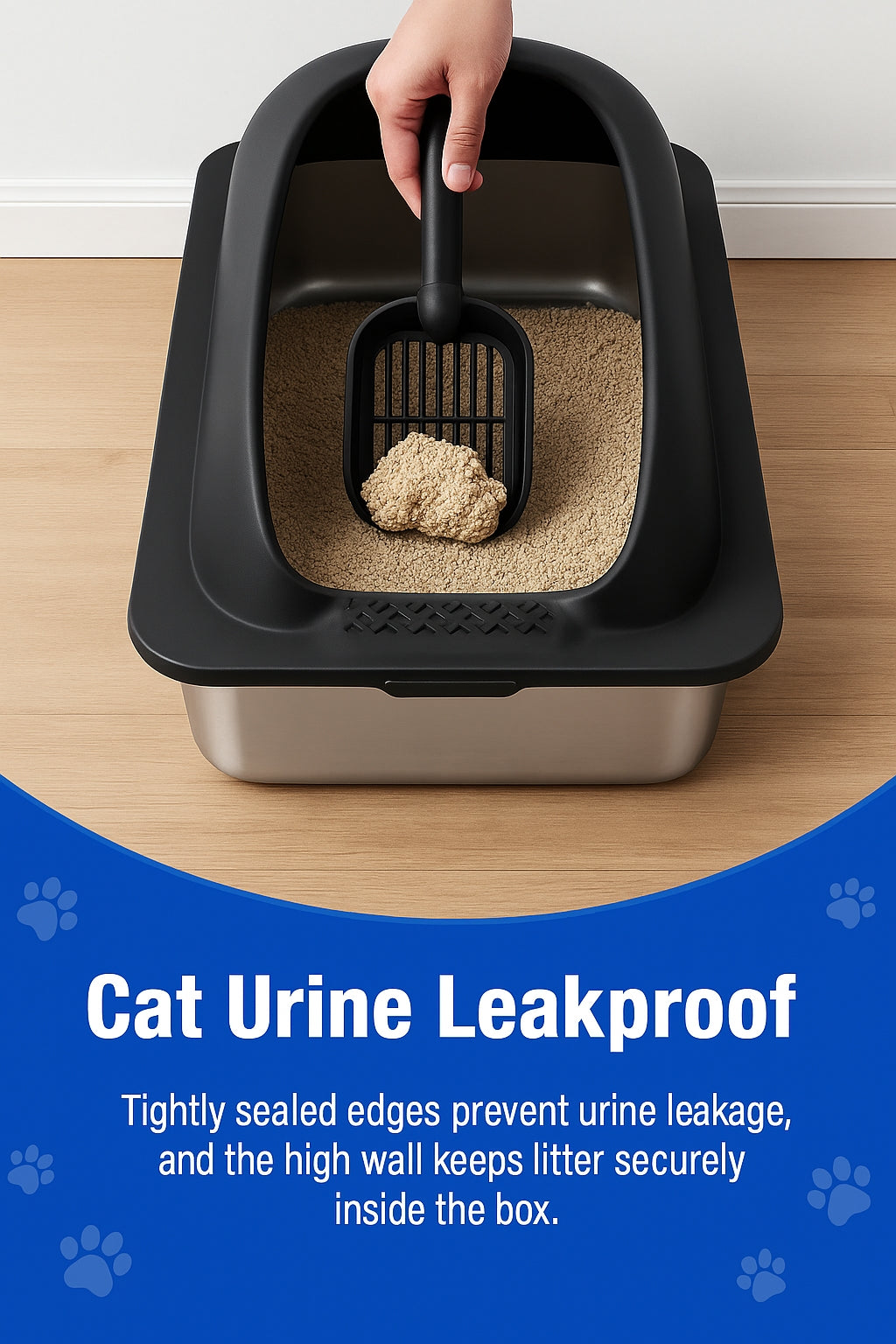 LIFERECORD Stainless Steel Cat Litter Box, Large Metal Cat Litter Box, Scoop and Mat Included, Easy to Clean and Odor Resistant for Multiple Cats, Black