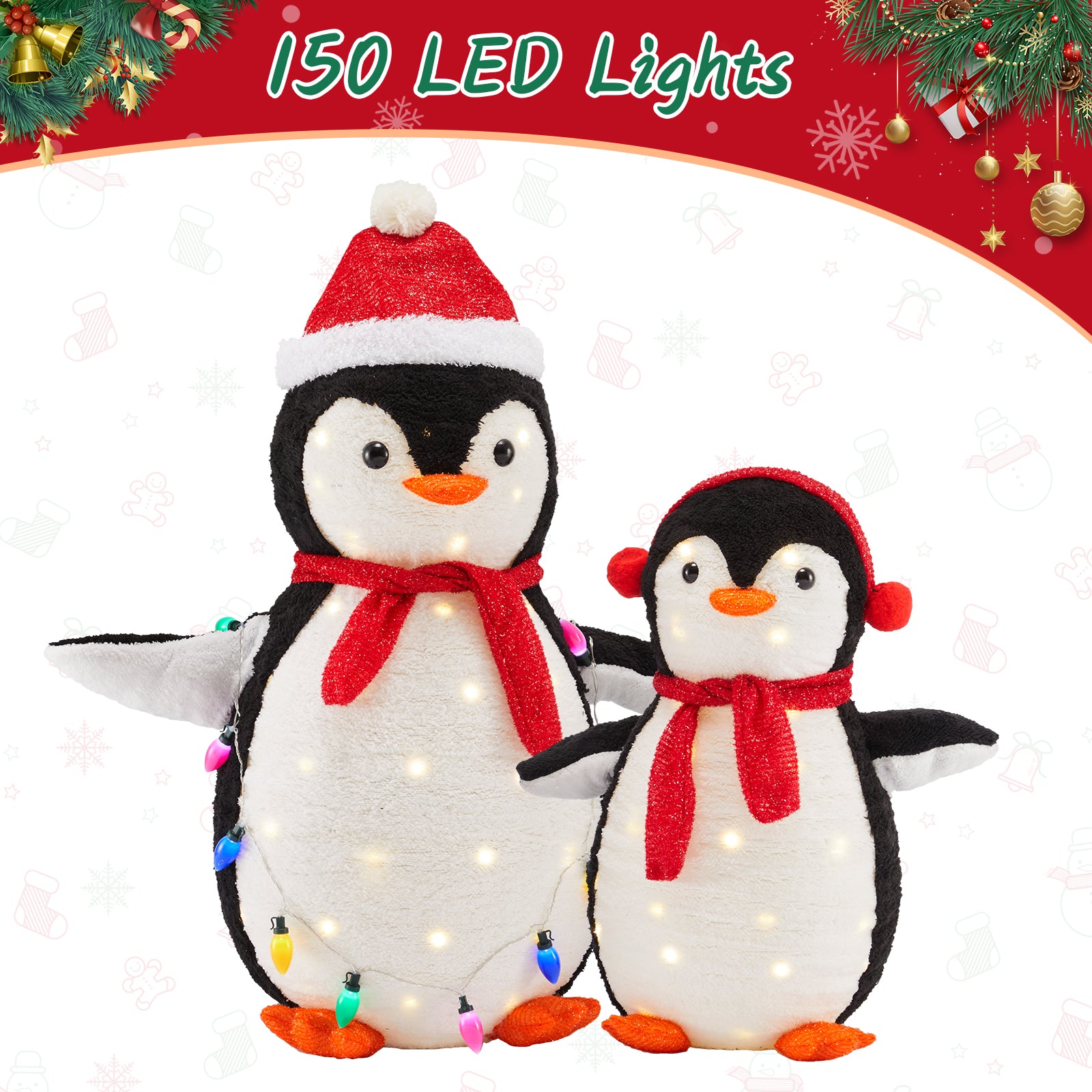 LIFERECORD 2PC Lighted Penguin Family, 3ft Pop-Up Outdoor Christmas Holiday Decoration w/ 150 LED Lights, Multicolored Lights - Red