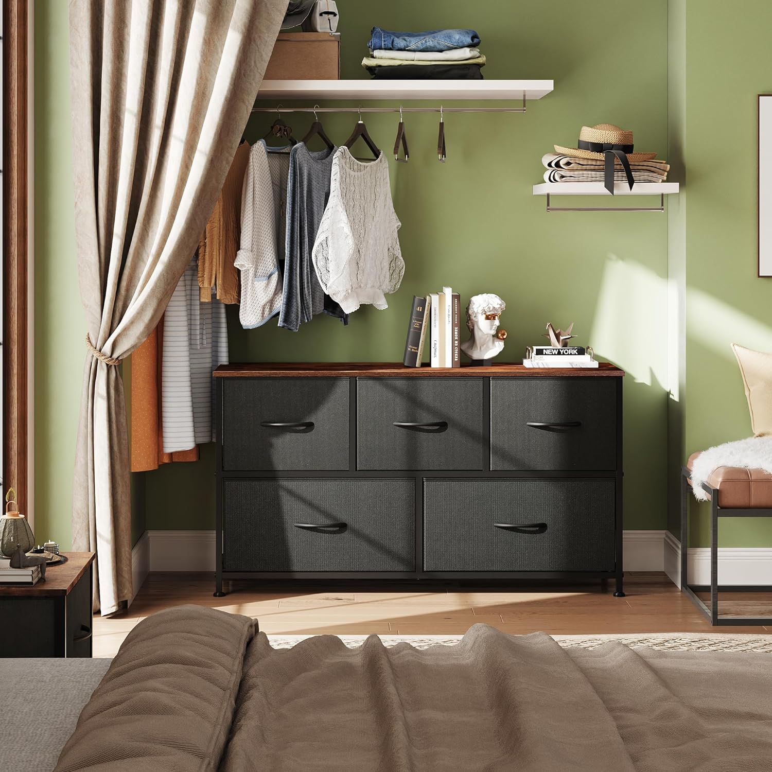 ACCVER 5-Drawer Fabric Dresser for Bedroom, Wood Top TV Stand, Closet and Chest, Clothes Storage Organizer, for Living Room, Apartment, Black
