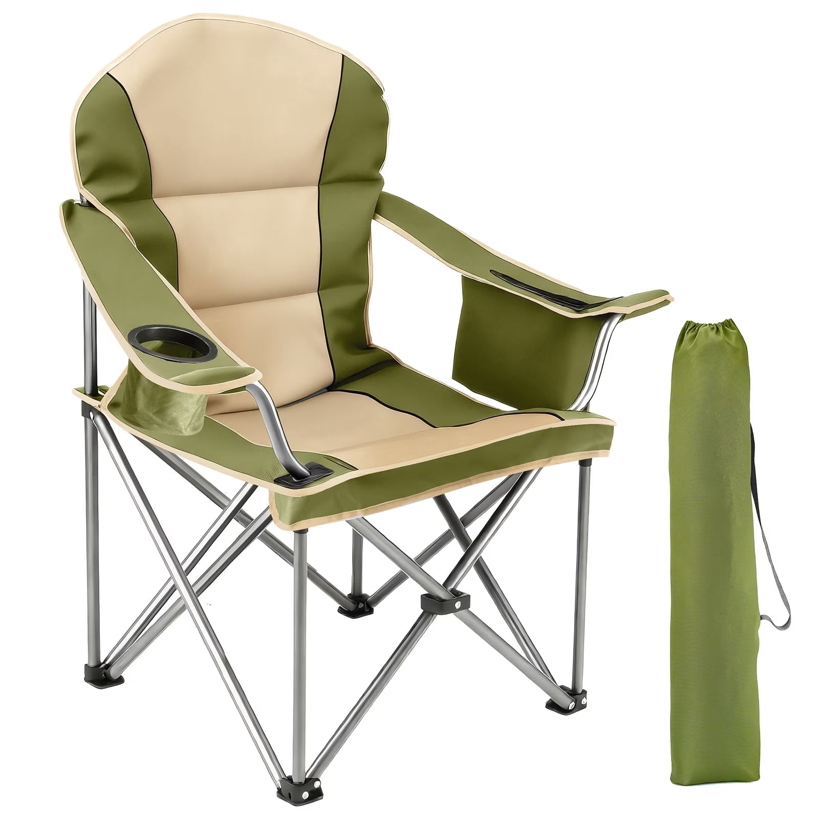 ACCVER 500 LBS Capacity Oversized Camping Chairs Set of 2 - Heavy Duty Folding Chairs, Cup Holder, Storage Pocket & Built-in Cooler Bag, Portable Steel Frame for Lawn, Beach - Green & Khaki
