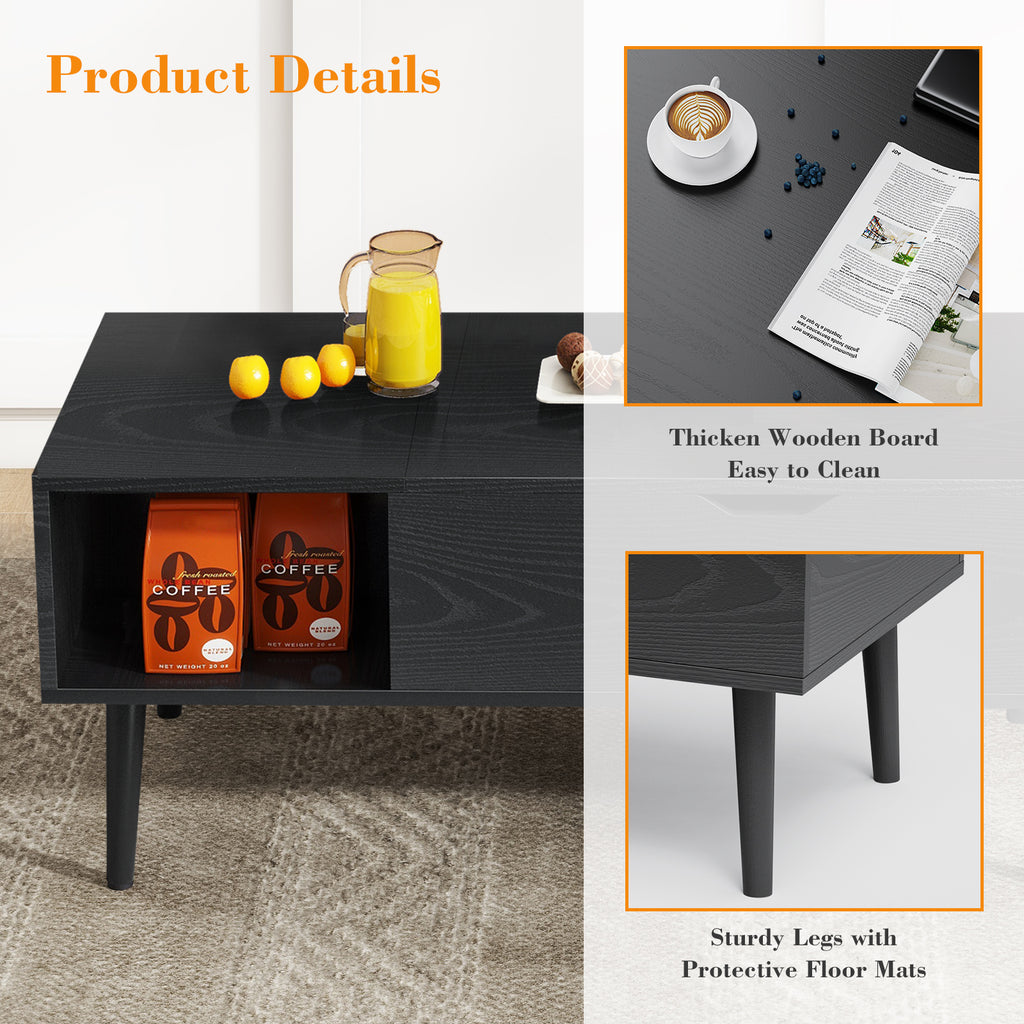 LIFERECORD Lift Top Coffee Table with Hidden Compartment, Wooden Center Tables with Storage Shelf for Living Room, Reception Room, Classic Black