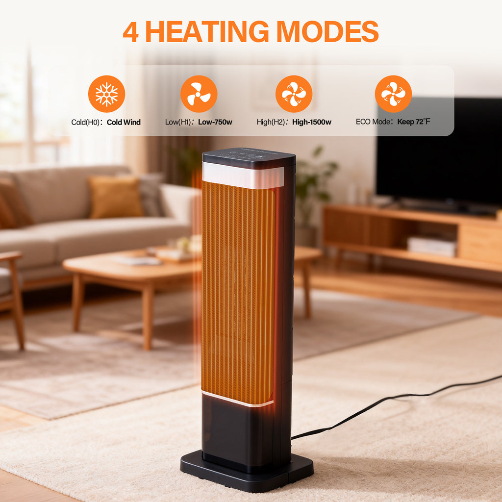 LIFERECORD Portable Space Heater for Indoor Use, 60°Oscillating Tower Heater with Thermostat, 12H Timer and Remote Control, 24 Inches, 1500W, Up to 99°F, Black