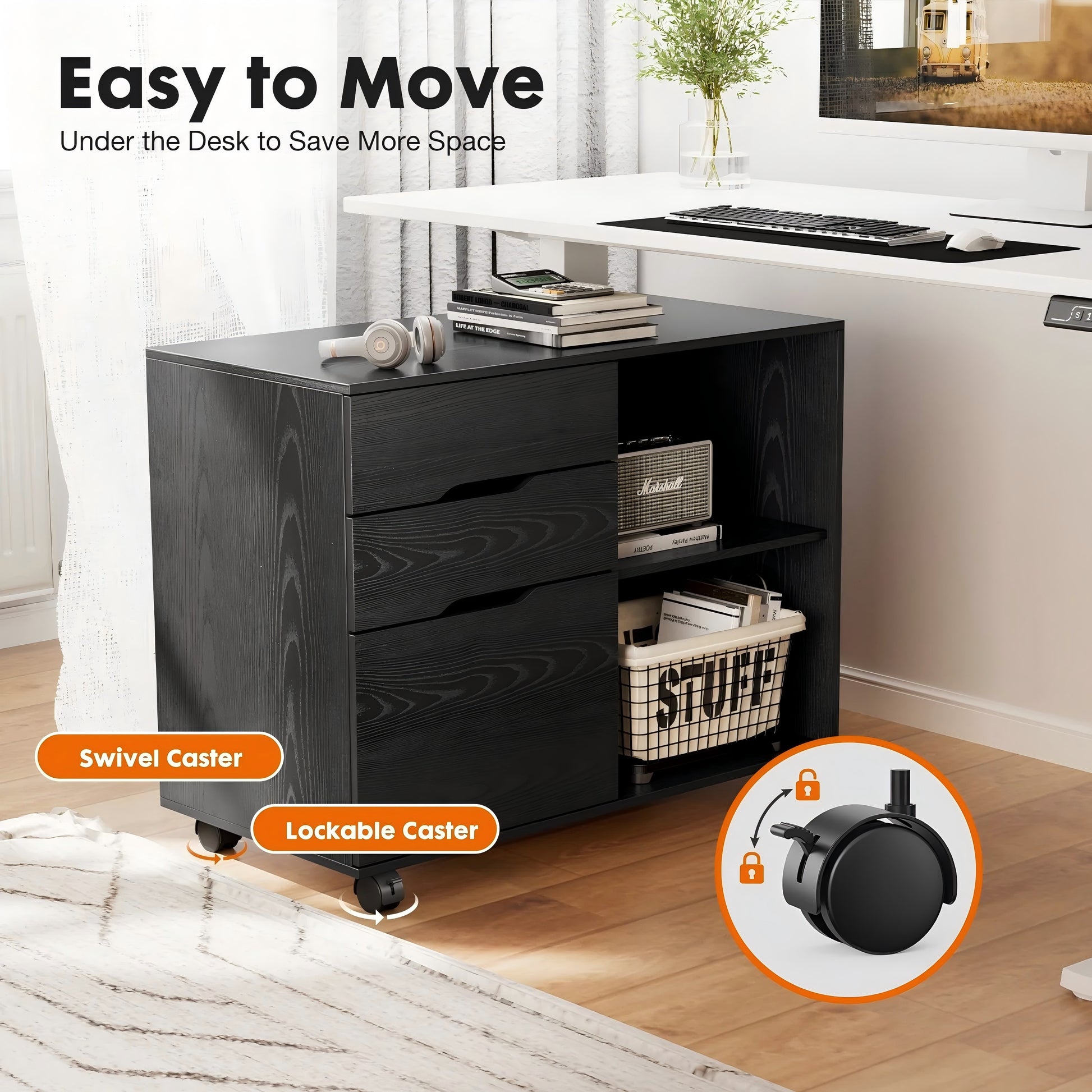 LIFERECORD 3-Drawer Lateral File Cabinet with Wheels, Mobile Rolling File Cabinet with Adjustable Shelf, Printer Stand for Home Office, Under Desk Storage Organizer, Wood Filing Cabinet Black