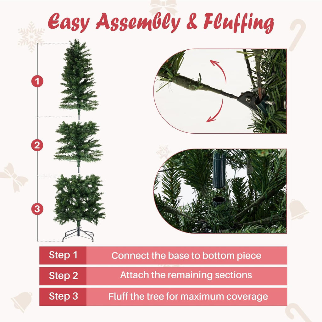 LIFERECORD 7.5ft Prelit Artificial Hinged Slim Pencil Christmas Tree with 350 Lights, 860 Full Branch Tips, 8 Warm Lingting Motes Perfect Decoration for Xmas Holiday, Green