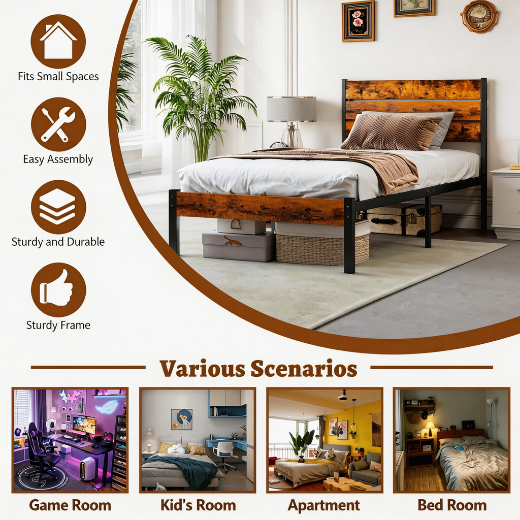 LIFERECORD Twin Size Bed Frame with Headboard, 800LBS Heavy Duty Metal Support, 12.8" Under Bed Storage, No Box Spring Needed, Easy Assembly, Noise Free, Rust Brown