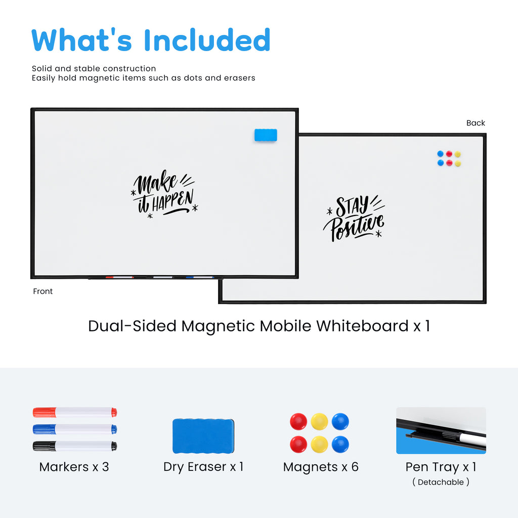 LIFERECORD 46"x32" Double-Sided Magnetic Mobile Whiteboard, Rolling Dry Erase Board Easel Stand on Wheels with Aluminium Frame for School Office Home, Black