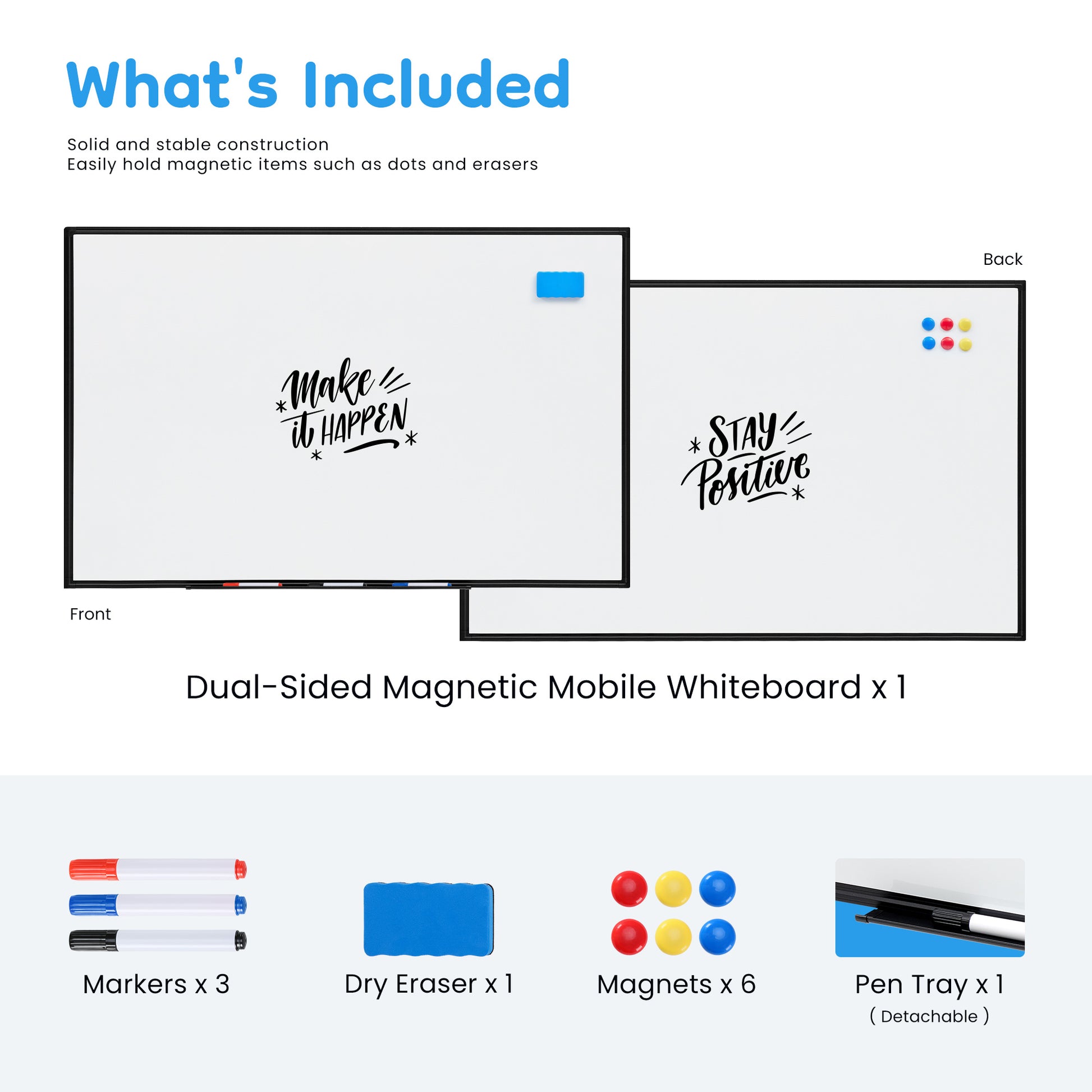 LIFERECORD 46"x32" Double-Sided Magnetic Mobile Whiteboard, Rolling Dry Erase Board Easel Stand on Wheels with Aluminium Frame for School Office Home, Black
