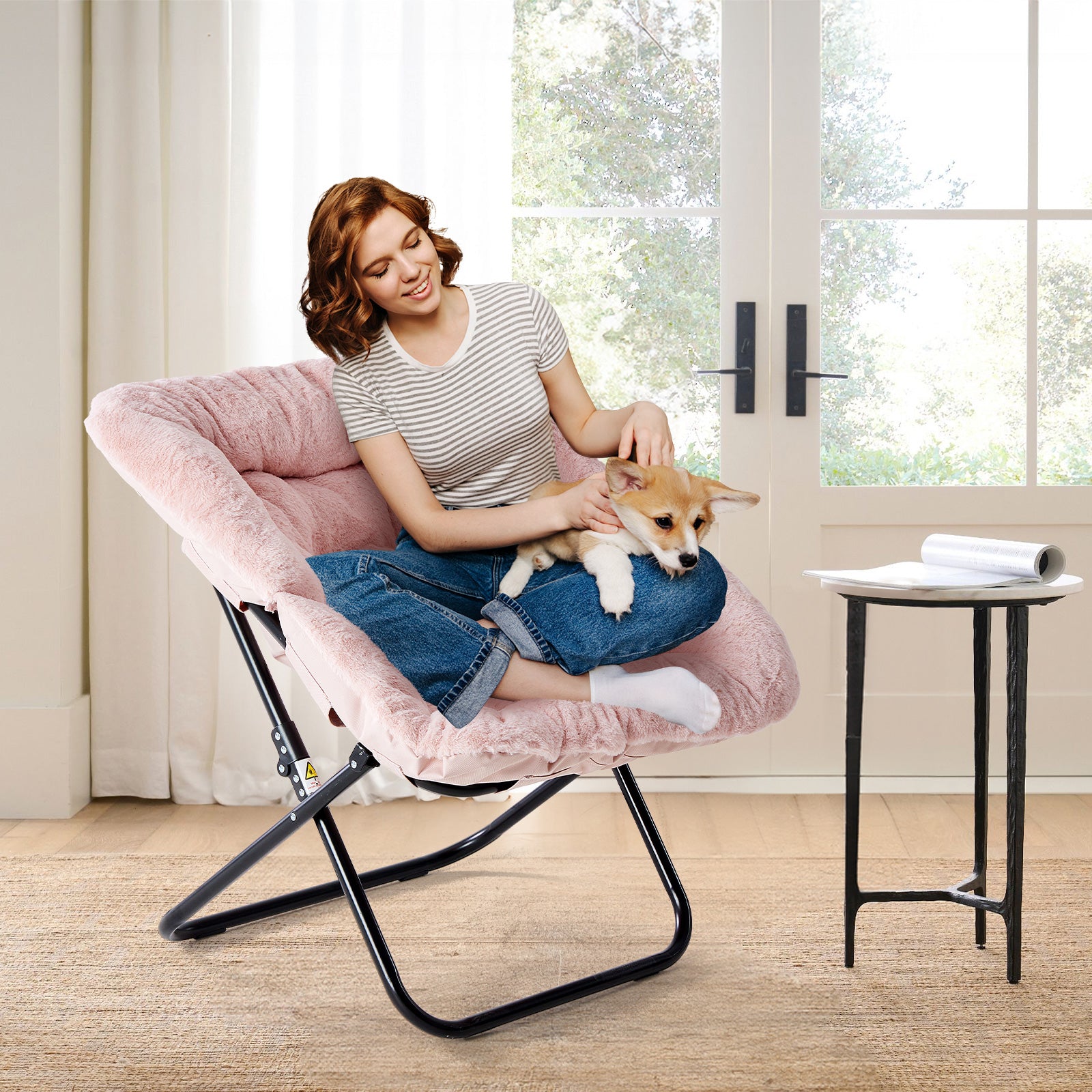 LIFERECORD Oversized Faux Fur Folding Chair - Plush Lounge Chair for Adults, Large Foldable Reading Chair for Bedroom, Dorm & Living Room, Pink