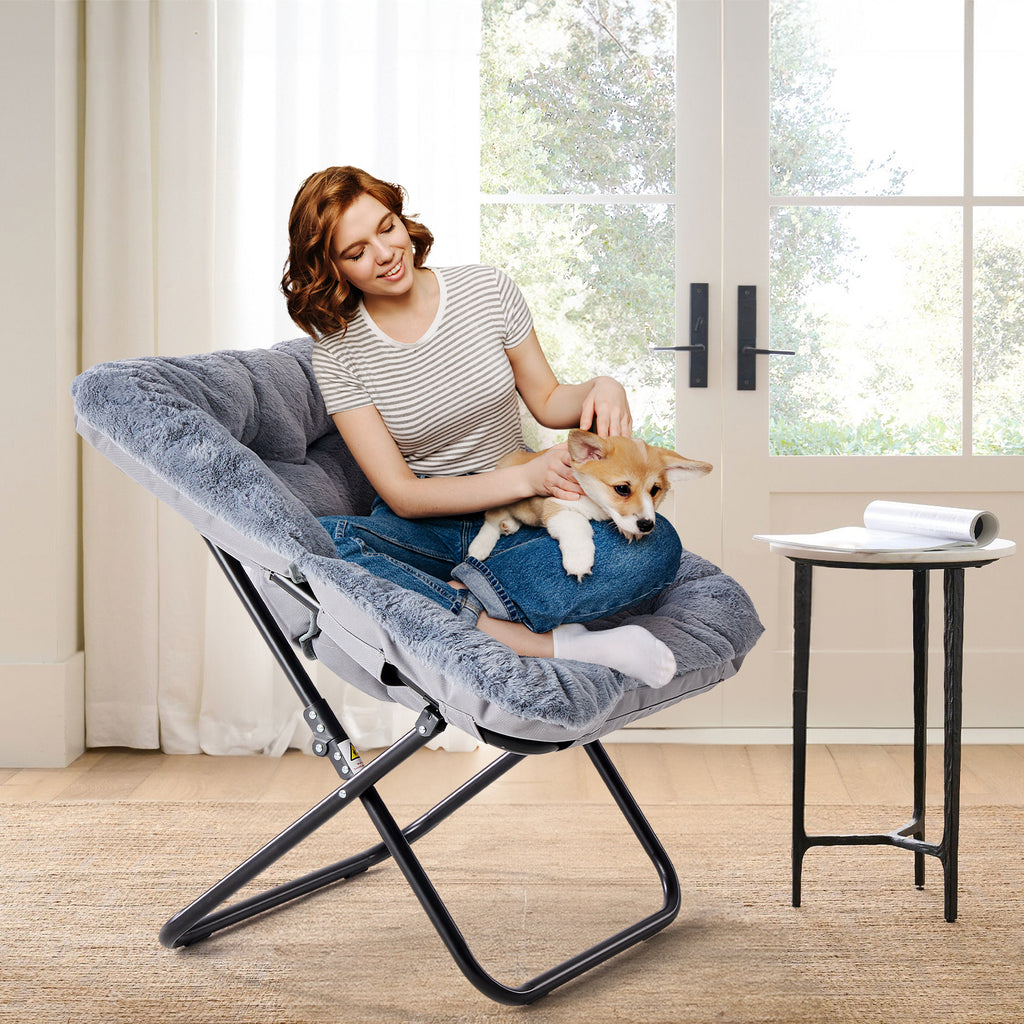 LIFERECORD Oversized Faux Fur Folding Chair - Plush Lounge Chair for Adults, Large Foldable Reading Chair for Bedroom, Dorm & Living Room, Gray