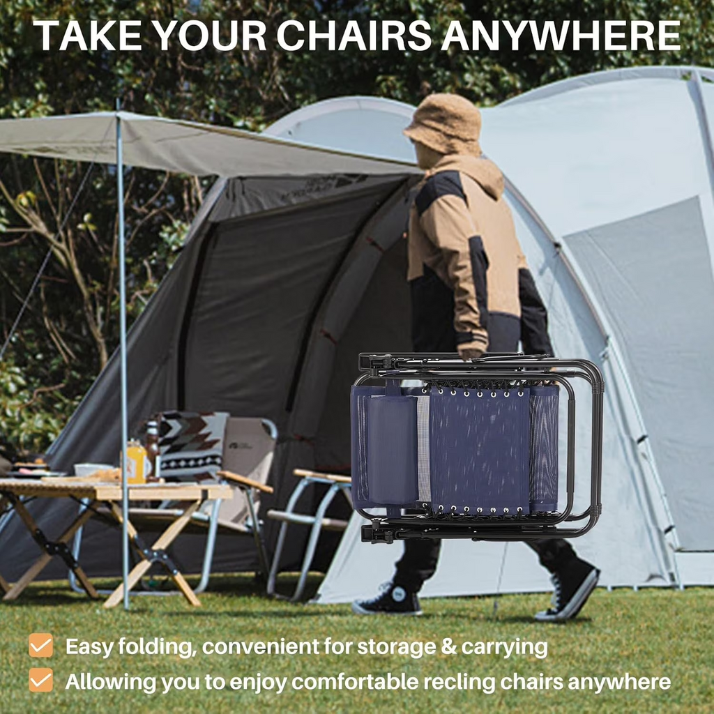 Set of 2 Zero Gravity Chairs with Cup Holder Trays, Portable Recliner Beach Camping Patio Outdoor Folding Lounge Chairs with Adjustable Pillow, Blue
