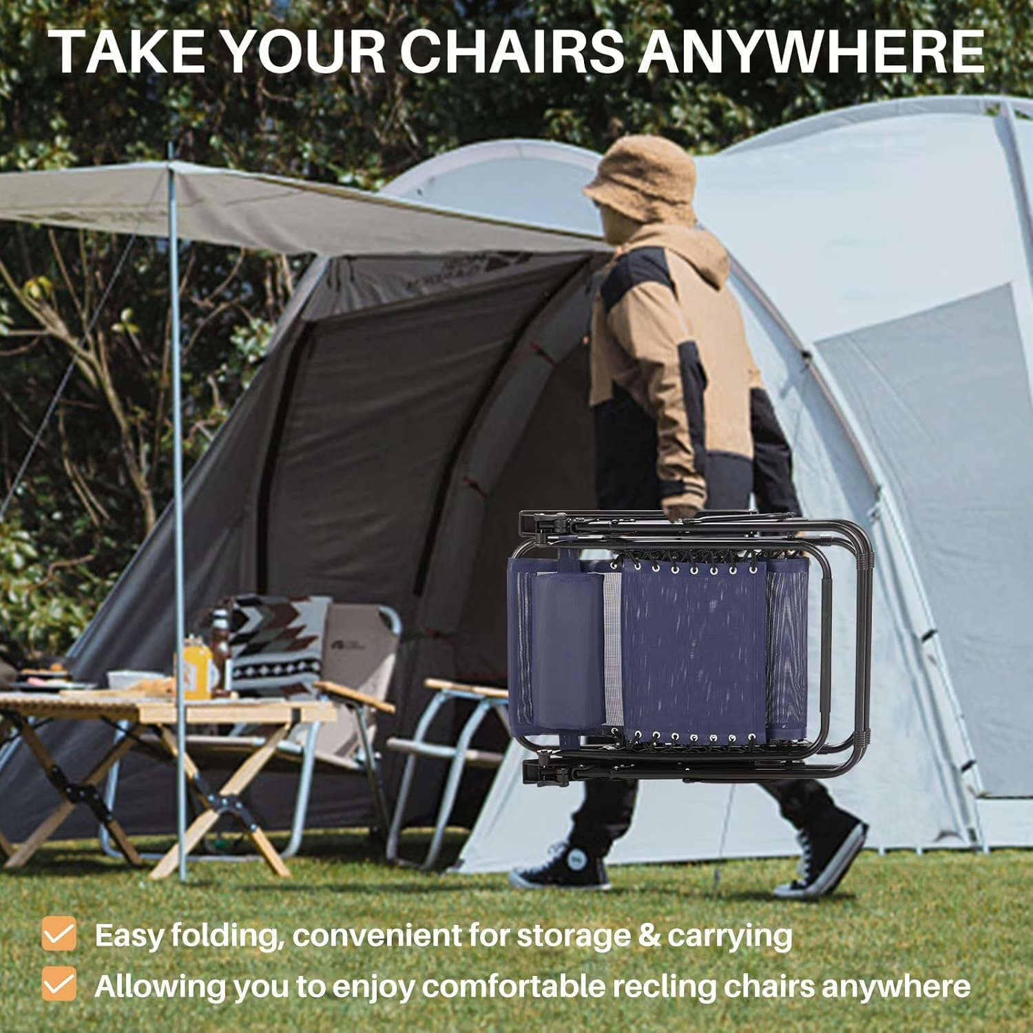 Set of 2 Zero Gravity Chairs with Cup Holder Trays, Portable Recliner Beach Camping Patio Outdoor Folding Lounge Chairs with Adjustable Pillow, Blue