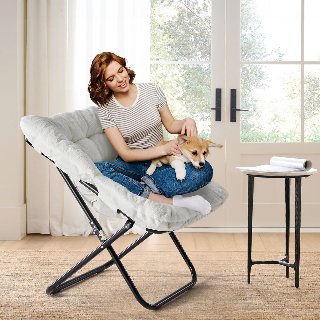 LIFERECORD Oversized Faux Fur Folding Chair - Plush Lounge Chair for Adults, Large Foldable Reading Chair for Bedroom, Dorm & Living Room, White