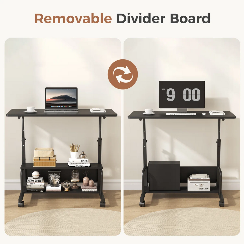 LIFERECORD Adjustable Height Standing Desk 31.5", Portable Rolling Desk on Wheels, Mobile Computer Desk with Lockable Wheels & 2-Tier Storage for Small Spaces Home Office