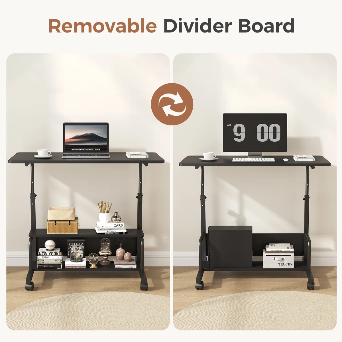 LIFERECORD Adjustable Height Standing Desk 31.5", Portable Rolling Desk on Wheels, Mobile Computer Desk with Lockable Wheels & 2-Tier Storage for Small Spaces Home Office