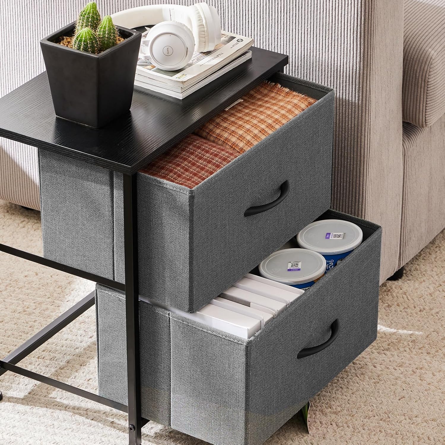 ACCVER 20-inch Tall Nightstand with 2 Fabric Drawers, Small Bedside Dresser for Bedroom, Closet, Dorm, Compact Storage Furniture with Wooden Top, Grey