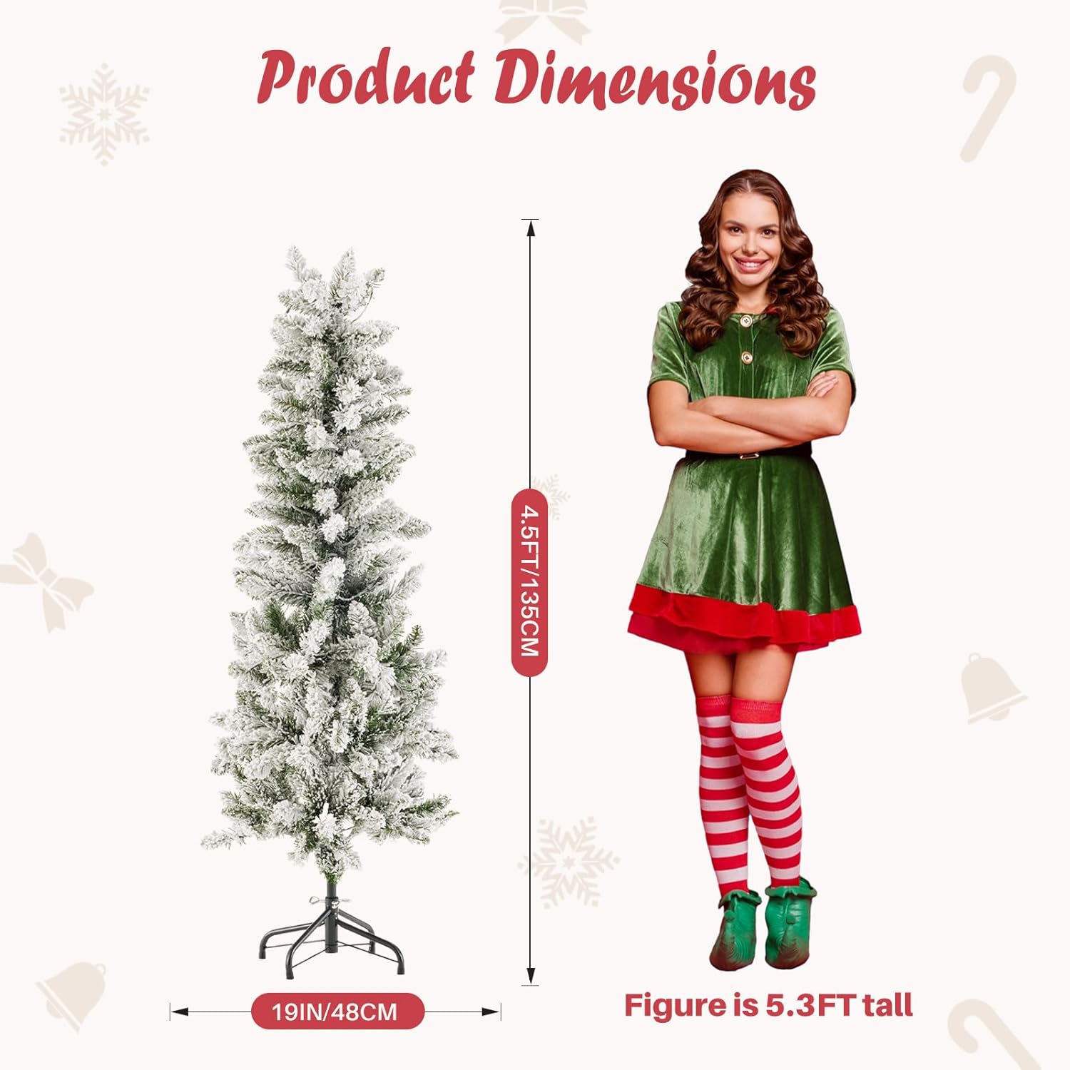 LIFERECORD 4.5ft Prelit Artificial Hinged Slim Pencil Christmas Tree with 120 Lights, 280 Full Branch Tips, 8 Warm Lingting Motes Perfect Decoration for Xmas Holiday, White