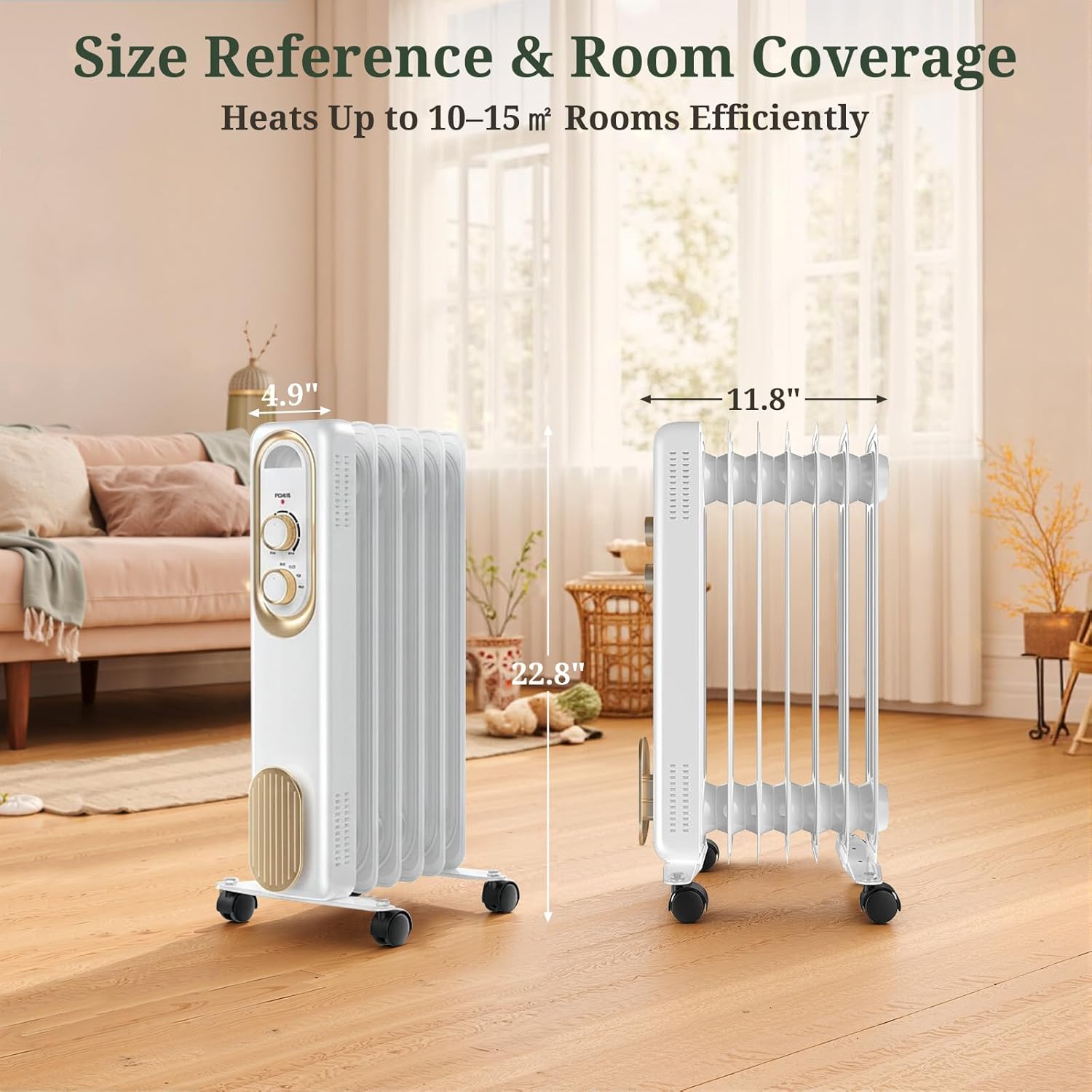 ROSVOVO 1500W Oil Filled Radiator Heater - 3 Heat Settings, Adjustable Thermostat, Ultra Quiet Portable Space Heater for Bedroom & Office, White