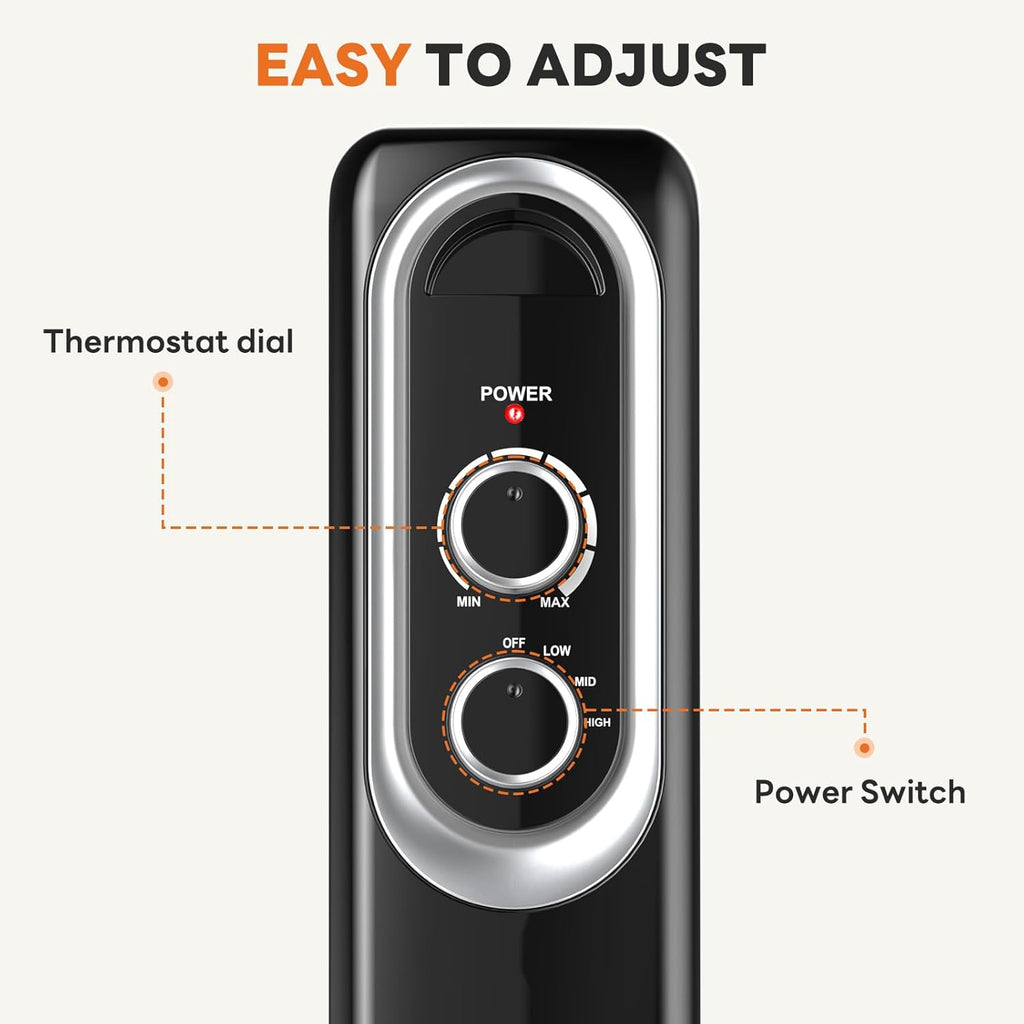 LIFERECORD Oil Filled Radiator, Electric Radiant Heaters for indoor use, Safe Lock, , Overheat & Tip-Over Protection, Adjustable Thermostat, Quiet, 1500W, 26" Black