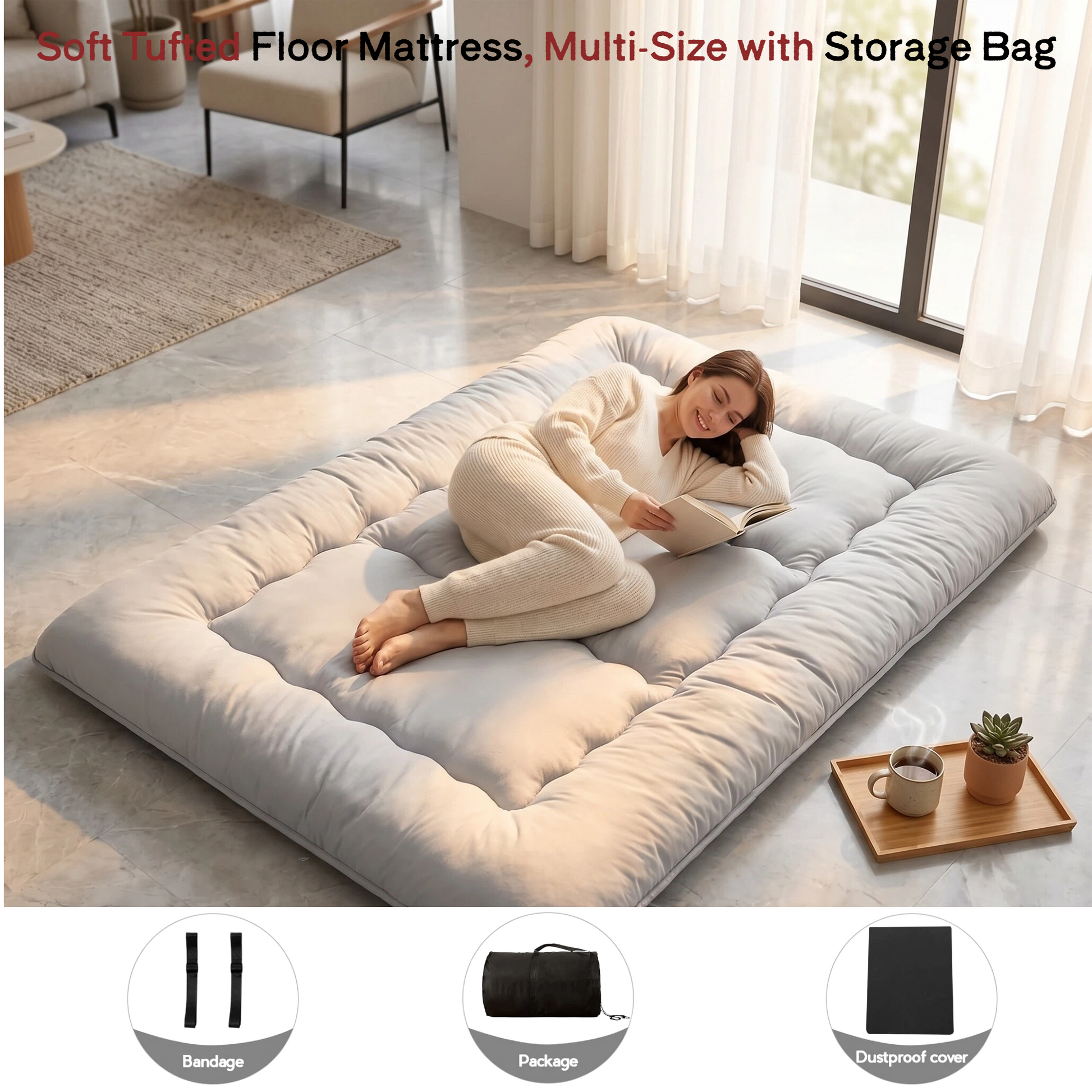 LIFERECORD Japanese Floor Mattress Full Size, Foldable Futon Mattress with Removable Washable Cover, Portable Roll Up Tatami Mat for Kids Room Dorm Sleepovers Solo Sleeper
