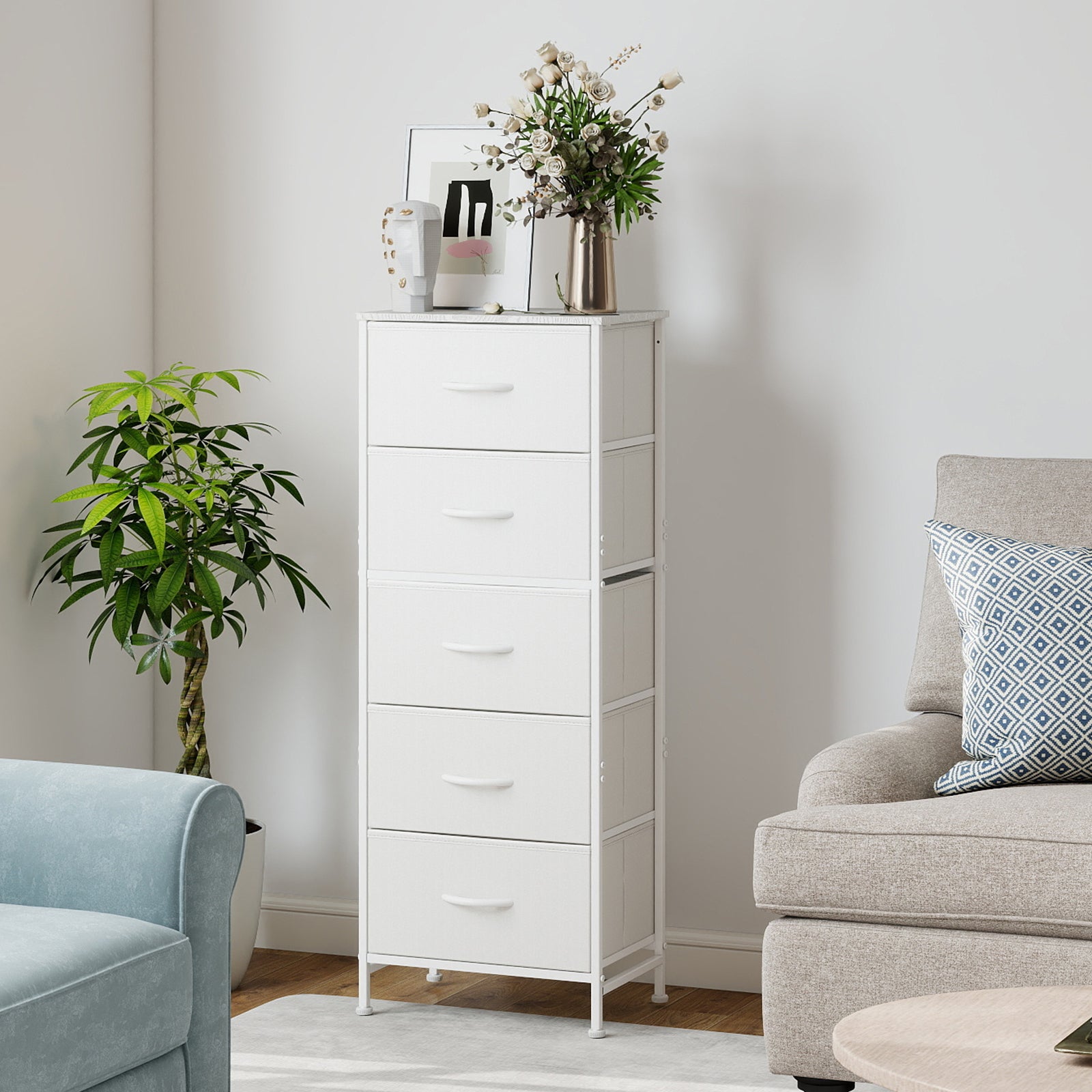 ACCVER Dresser for Bedroom 5 Storage drawer, Fabric Closet Chests Organizer Tower with Wooden Top Metal Frame for Living Room Hallway Entryway, White