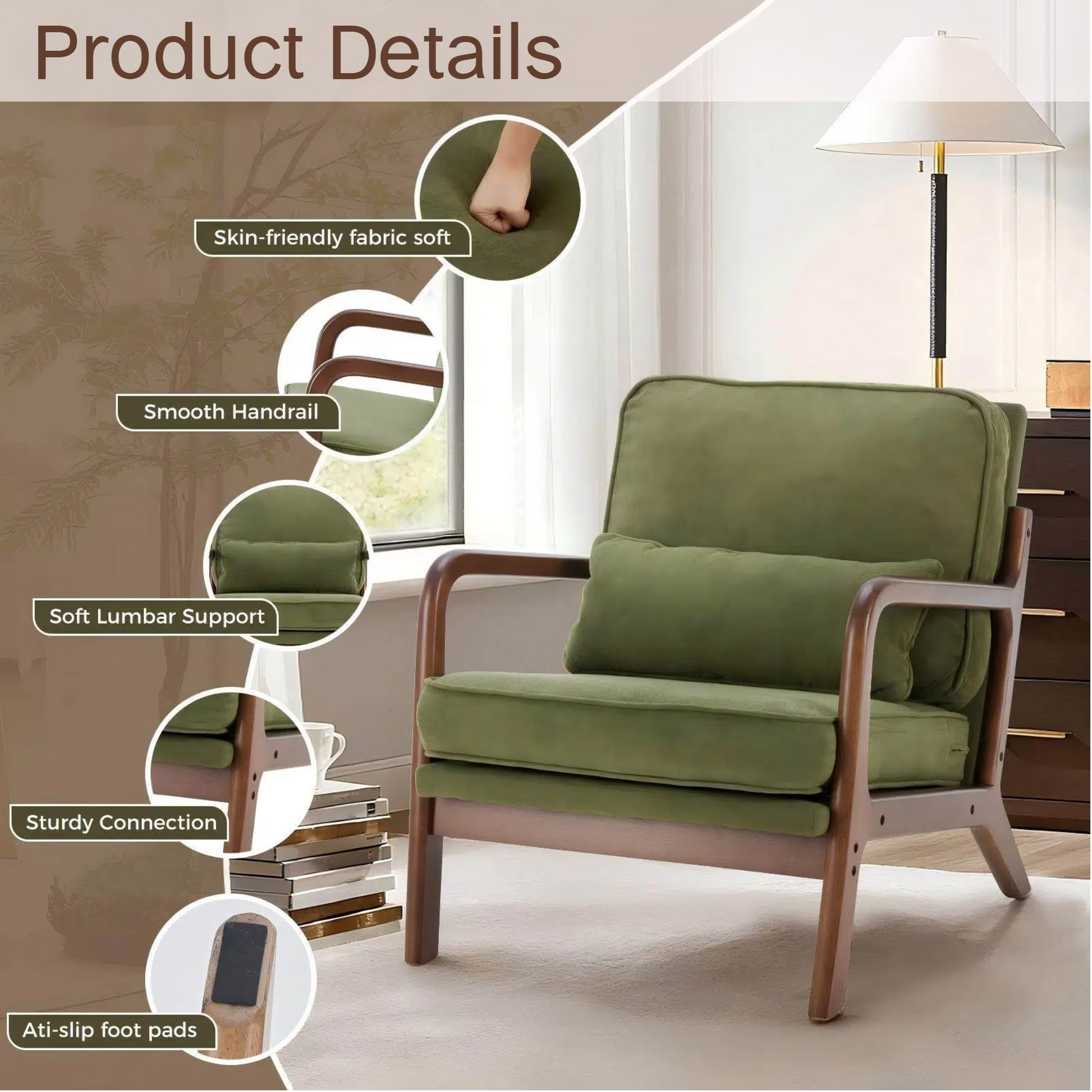LIFERECORD Mid Century Modern Accent Chair, Reading Chair with Arms and Lumbar Cushion, Comfortable Lounge Chair for Living Room Bedroom, Solid Rubberwood Frame