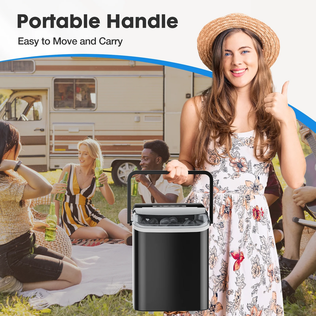 LIFERECORD Portable Ice Maker Countertop with Handle, 6 Mins for 9 Bullet Ice, 26lbs/24H, Self-Cleaning Compact Ice Machine for Home, Kitchen, Camping & Parties