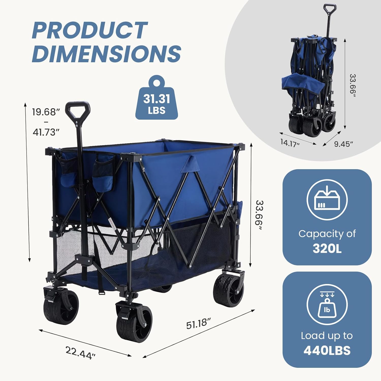 LIFERECORD Heavy-Duty Folding Wagon Cart - 440lb Capacity Foldable Utility Cart with Adjustable Handle & All-Terrain Wheels, Blue