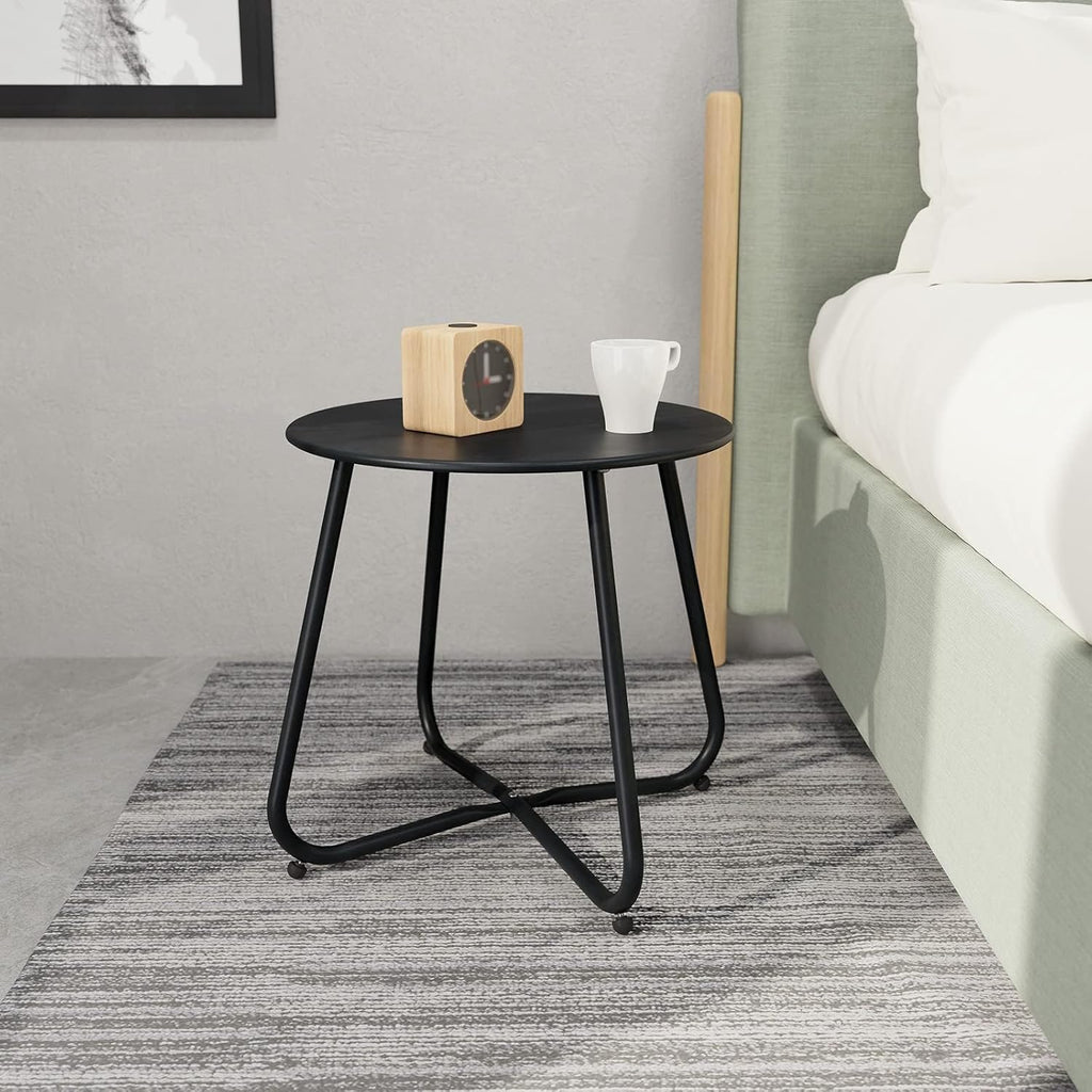 ACCVER Outdoor Side Table, 18-inch Small Round Side Snack Table with Adjustable Feet, Anti-Rust Metal End Accent Table for Patio Porch Balcony, Black