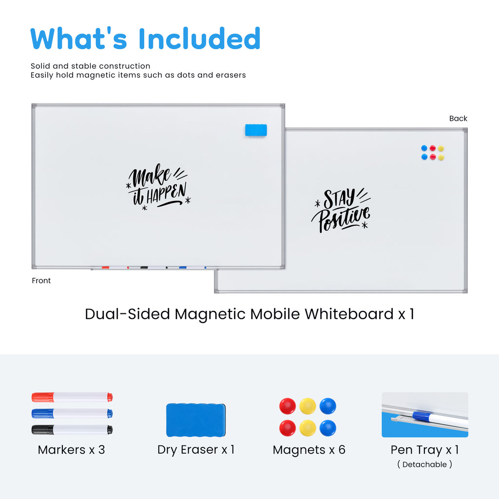 LIFERECORD 46"x32" Double-Sided Magnetic Mobile Whiteboard, Rolling Dry Erase Board Easel Stand on Wheels with Aluminium Frame for School Office Home, White