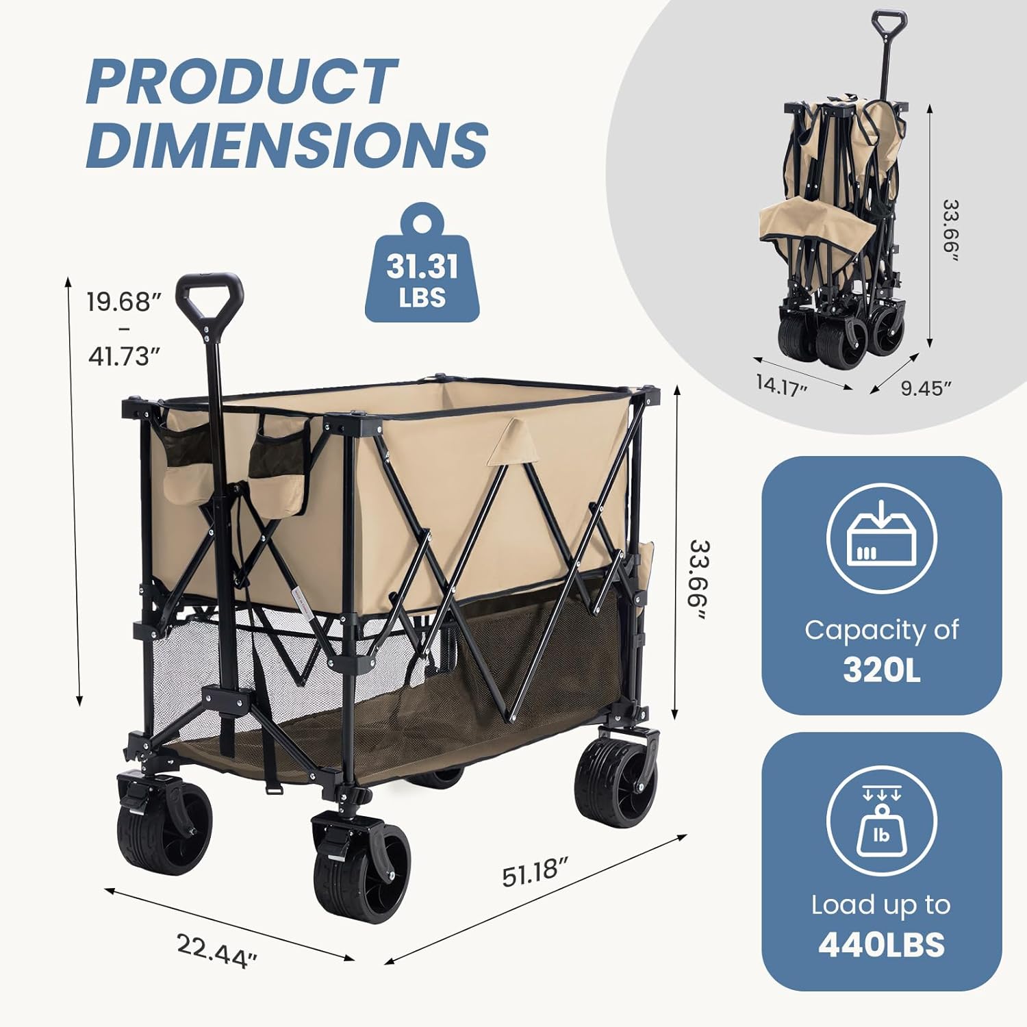 LIFERECORD Heavy-Duty Folding Wagon Cart - 440lb Capacity Foldable Utility Cart with Adjustable Handle & All-Terrain Wheels, Brown