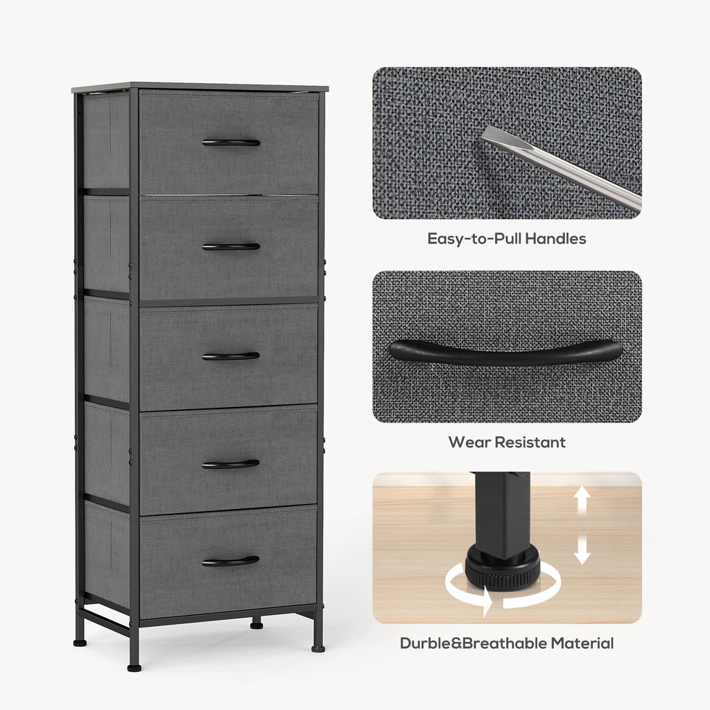 ACCVER Dresser for Bedroom 5 Storage drawer, Fabric Closet Chests Organizer Tower with Wooden Top Metal Frame for Living Room Hallway Entryway, Gray